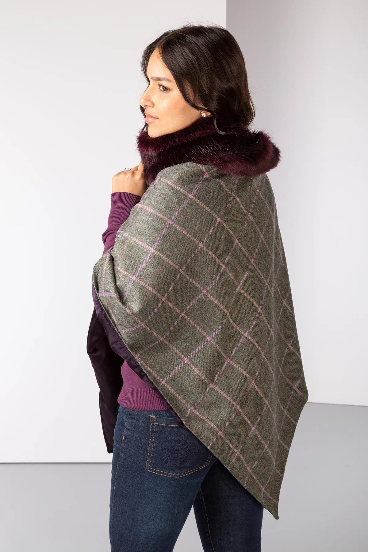 Ladies Wool Tweed Poncho With Faux Fur