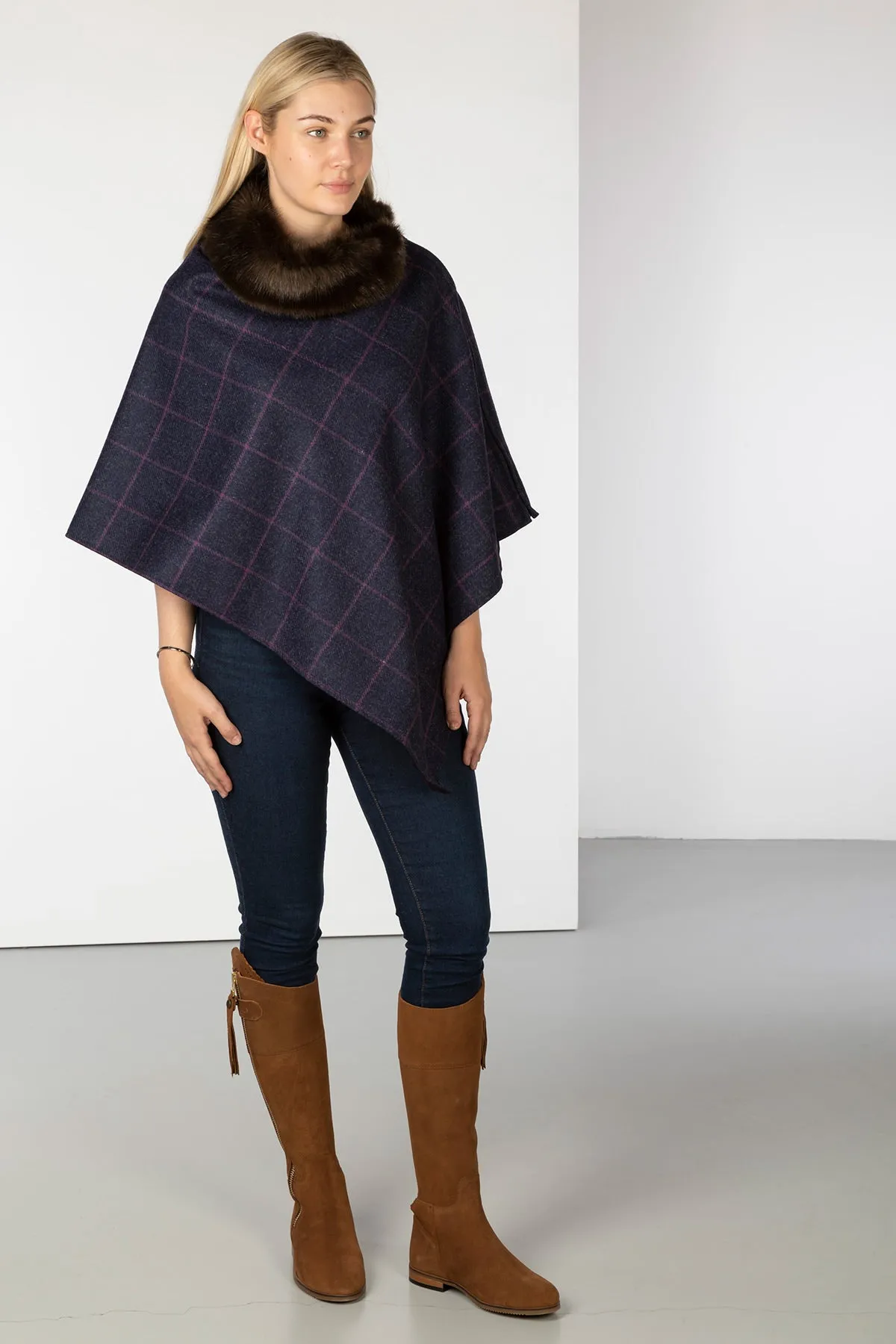 Ladies Wool Tweed Poncho With Faux Fur