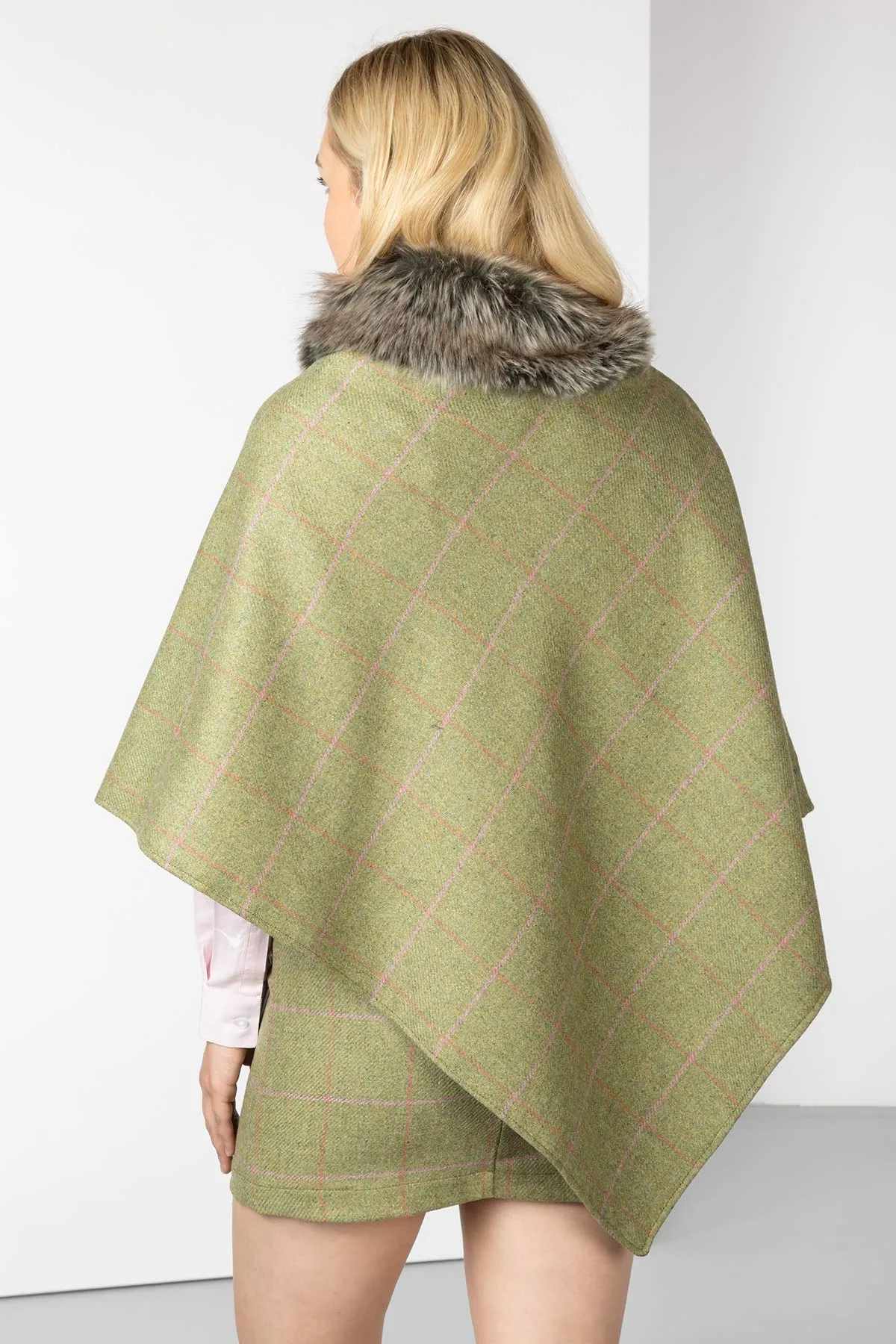 Ladies Wool Tweed Poncho With Faux Fur