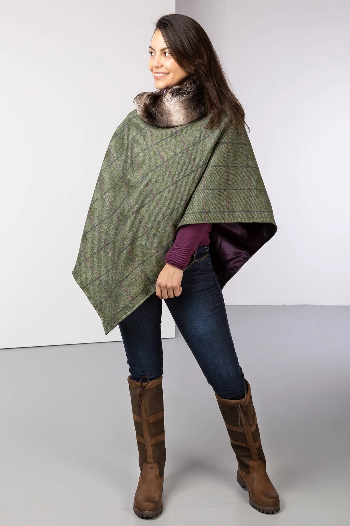 Ladies Wool Tweed Poncho With Faux Fur