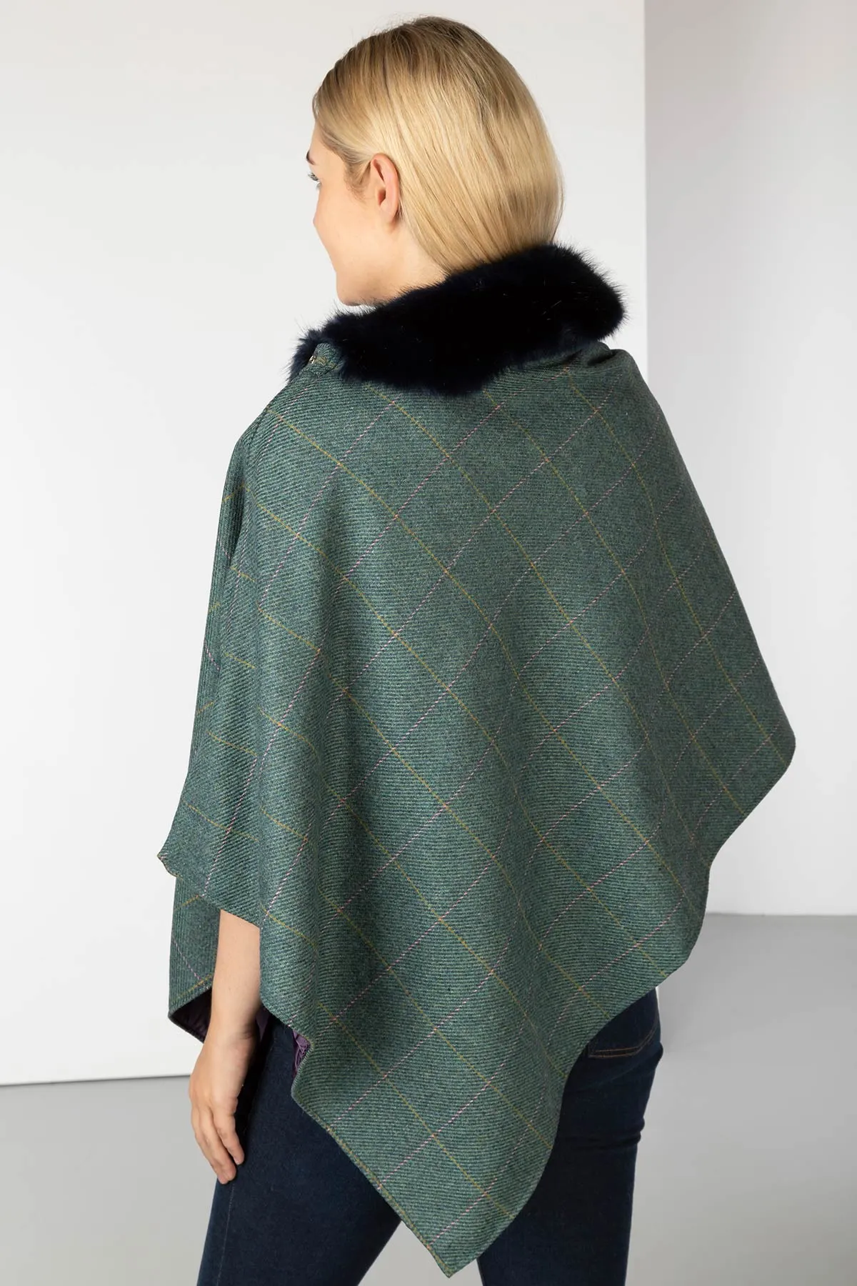 Ladies Wool Tweed Poncho With Faux Fur