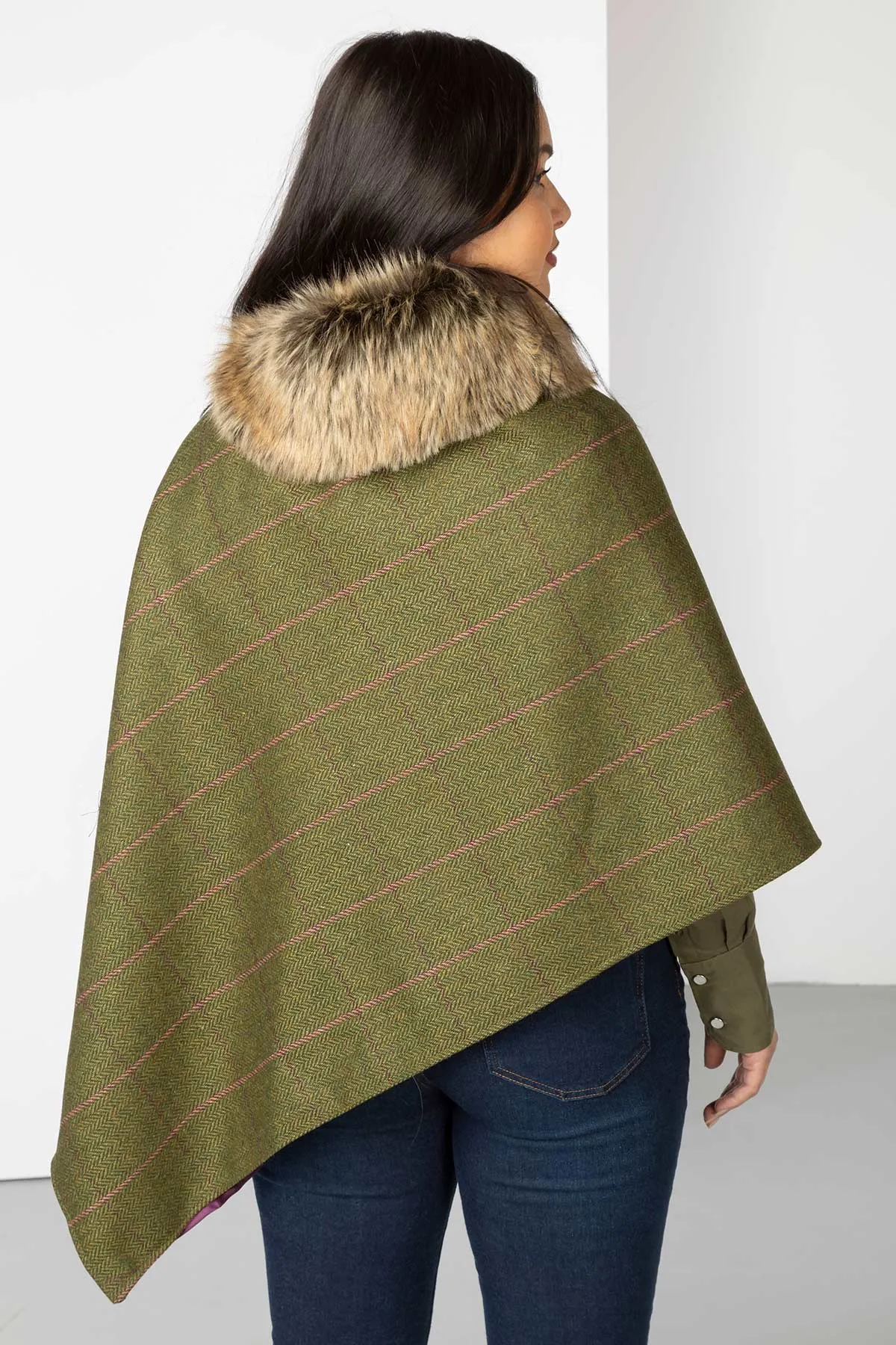 Ladies Wool Tweed Poncho With Faux Fur