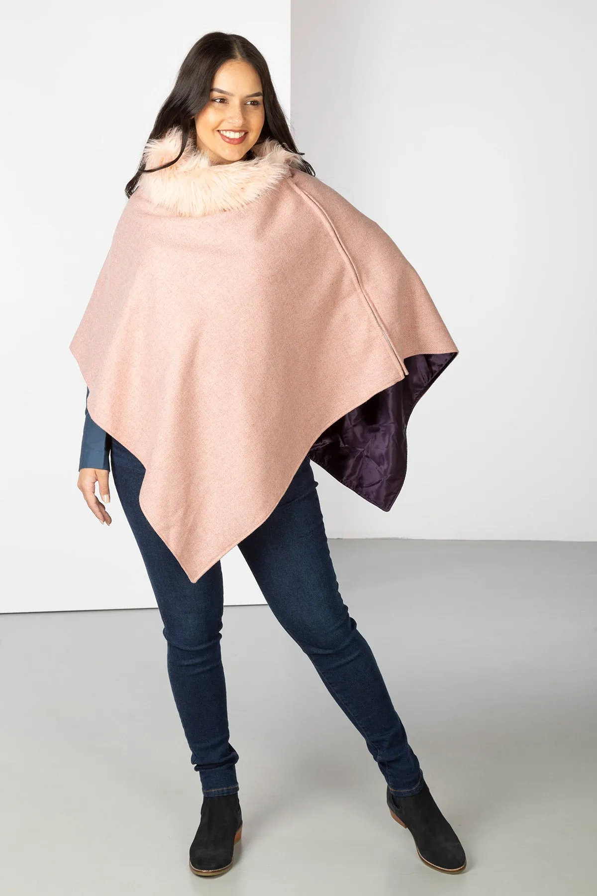 Ladies Wool Tweed Poncho With Faux Fur