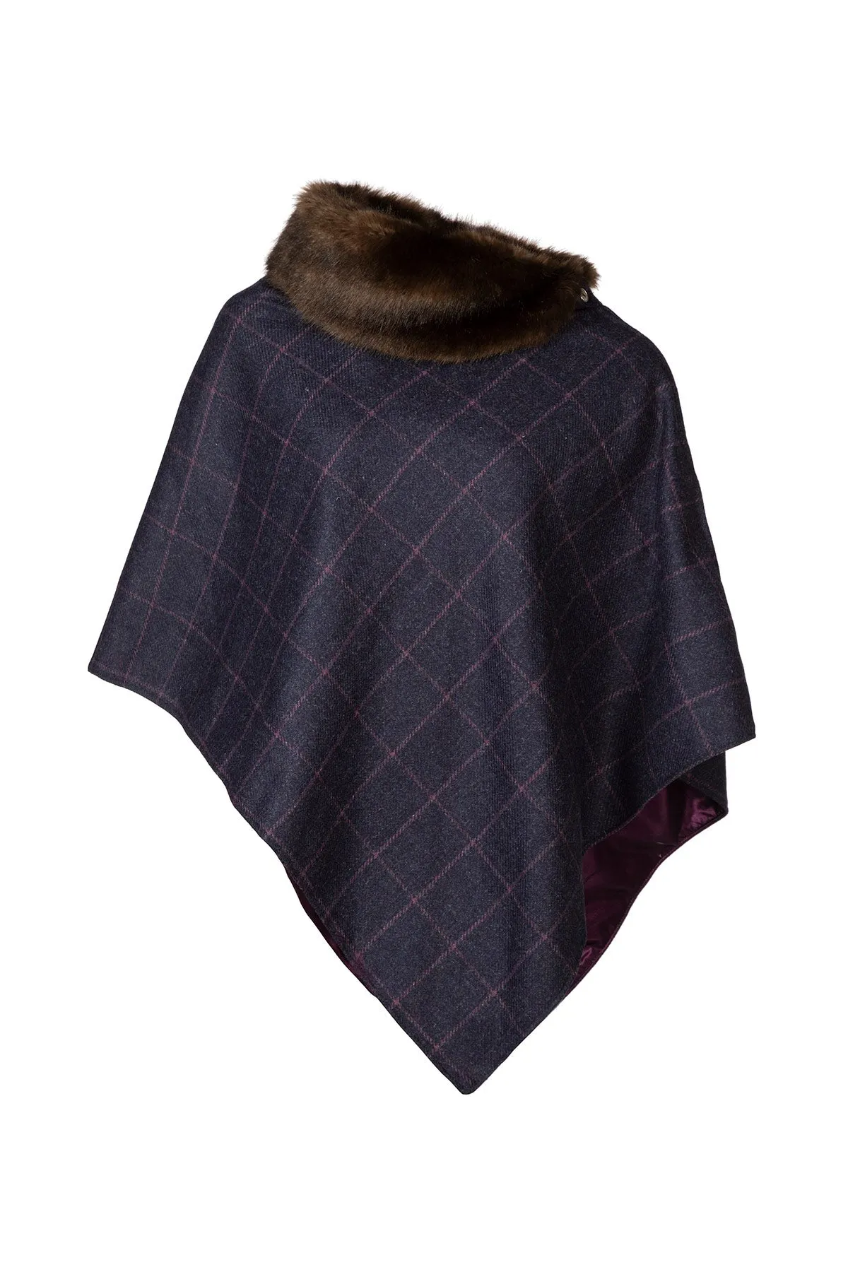 Ladies Wool Tweed Poncho With Faux Fur