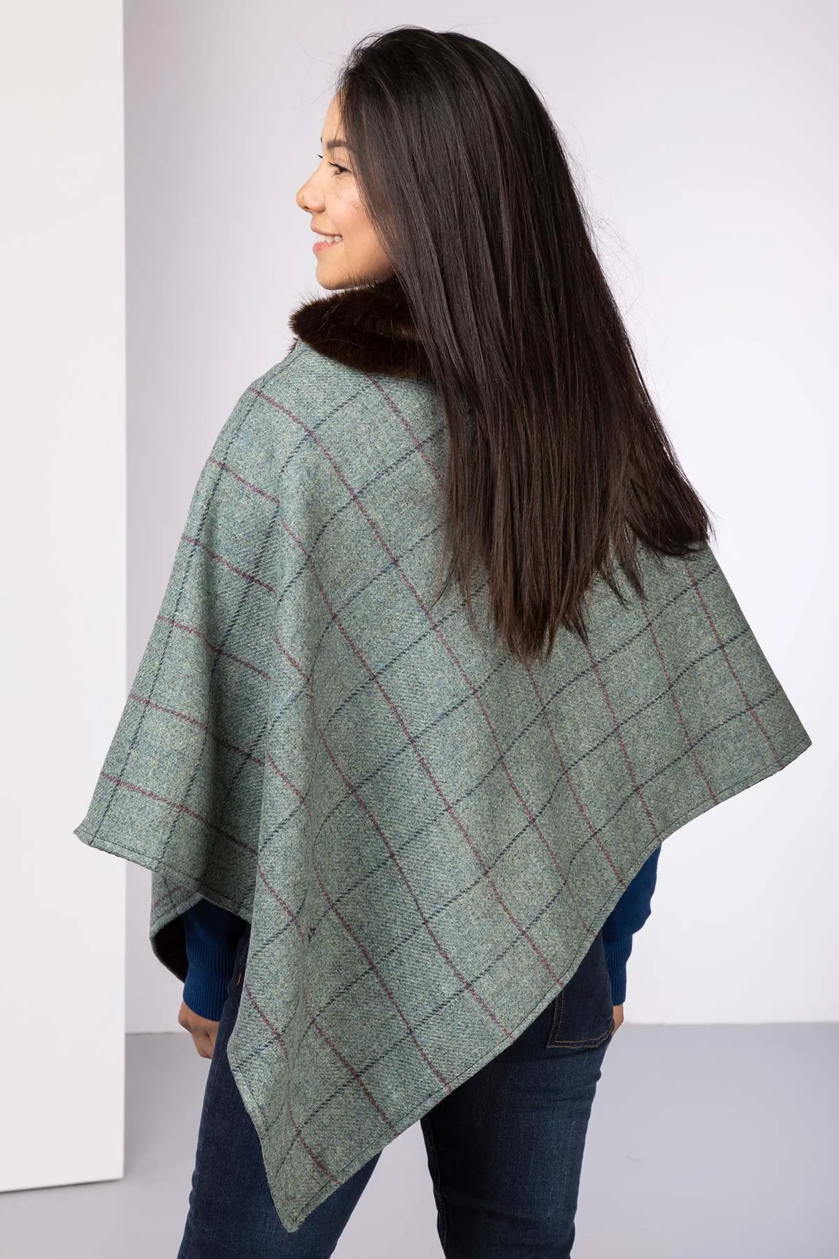 Ladies Wool Tweed Poncho With Faux Fur