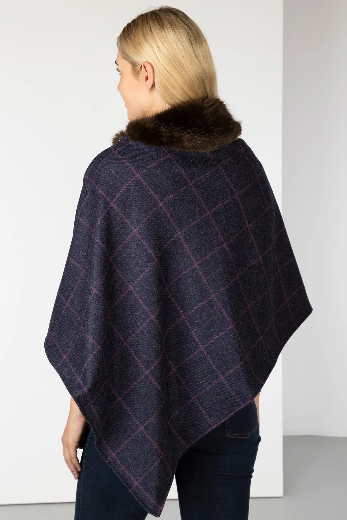 Ladies Wool Tweed Poncho With Faux Fur