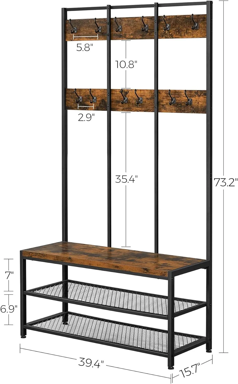 Large Coat Rack Stand, Coat Tree with 12 Hooks and Shoe Bench in Industrial Design