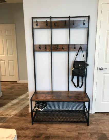 Large Coat Rack Stand, Coat Tree with 12 Hooks and Shoe Bench in Industrial Design