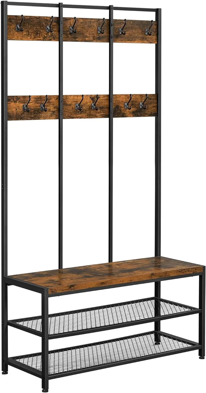 Large Coat Rack Stand, Coat Tree with 12 Hooks and Shoe Bench in Industrial Design