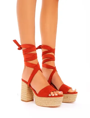 Layla Rust Faux Suede Espadrille Lace Up Block Heels