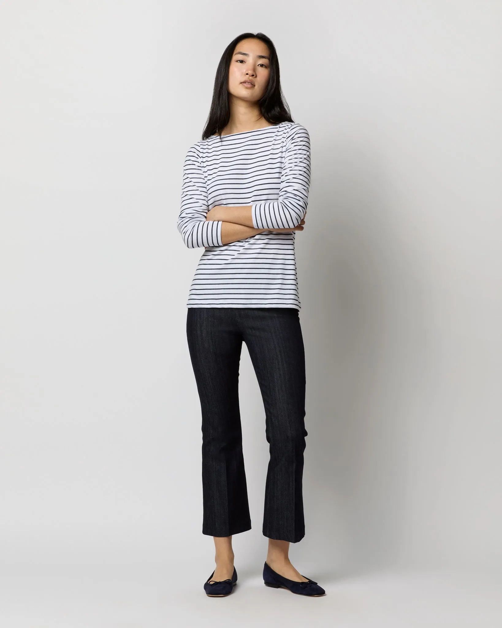 Long-Sleeved Boatneck Tee in White/Heather Navy Stripe Jersey