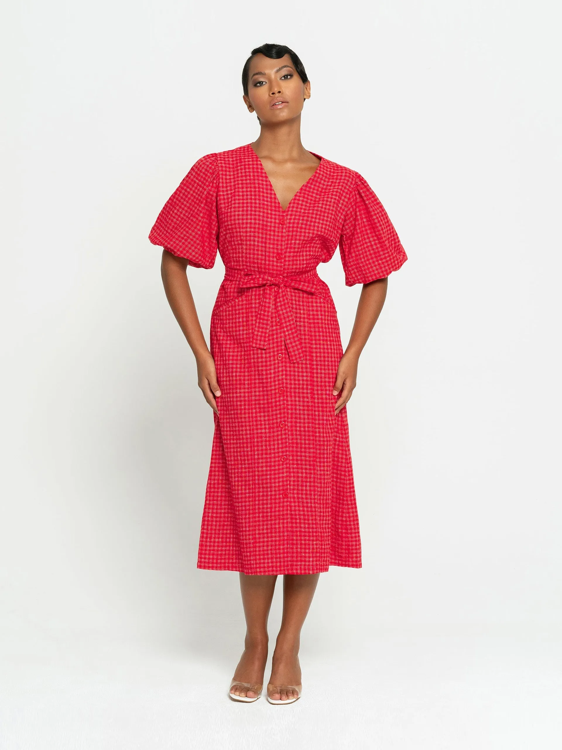 Meghan gingham hemp midi dress in scarlet red