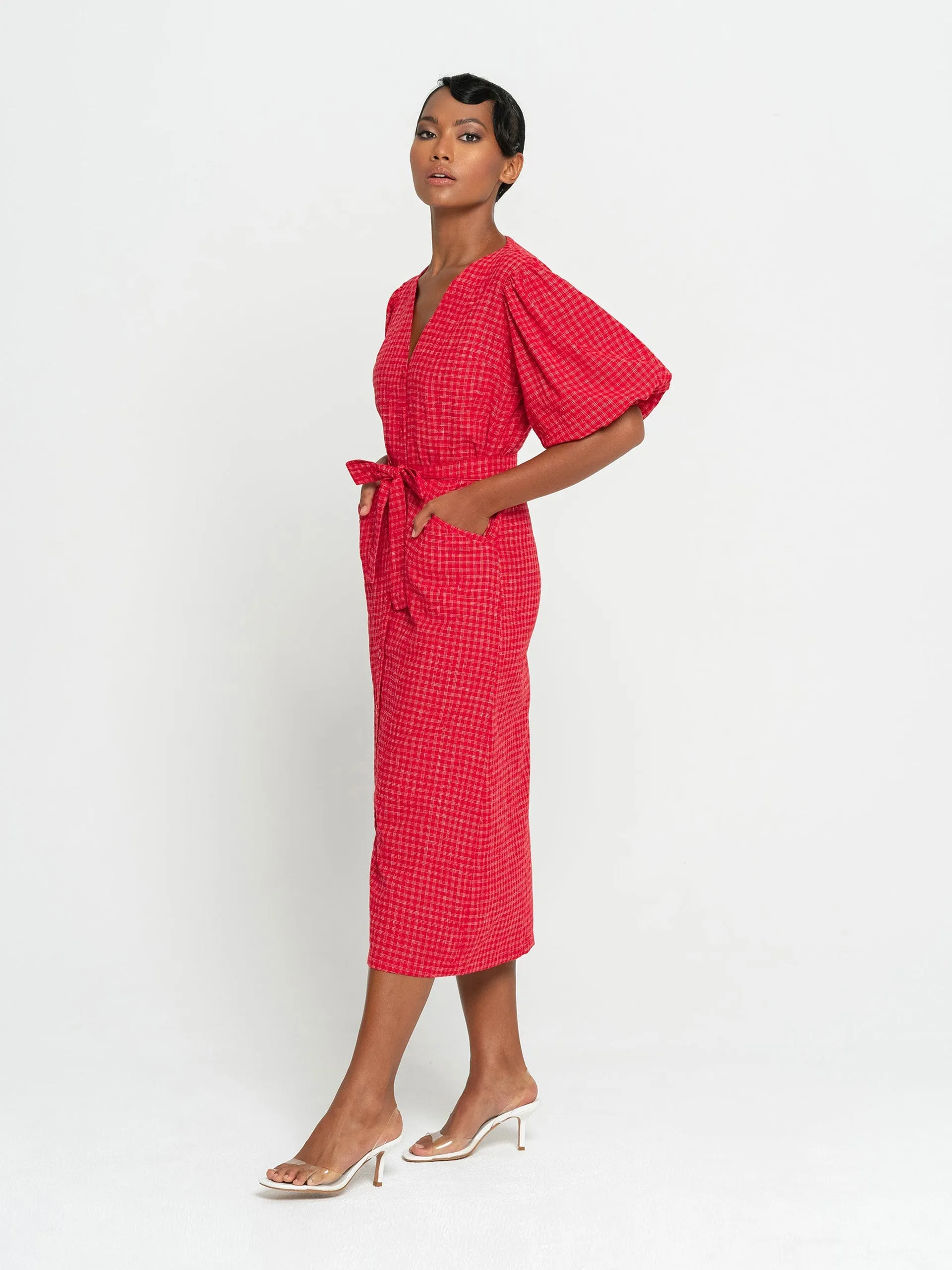 Meghan gingham hemp midi dress in scarlet red