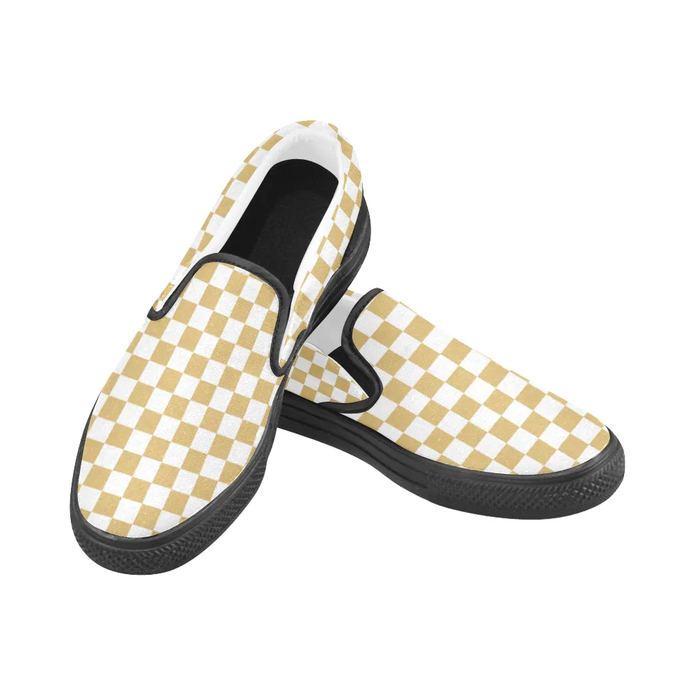 Men's Big Size Mustard Checks Print Slip-on Canvas Shoes