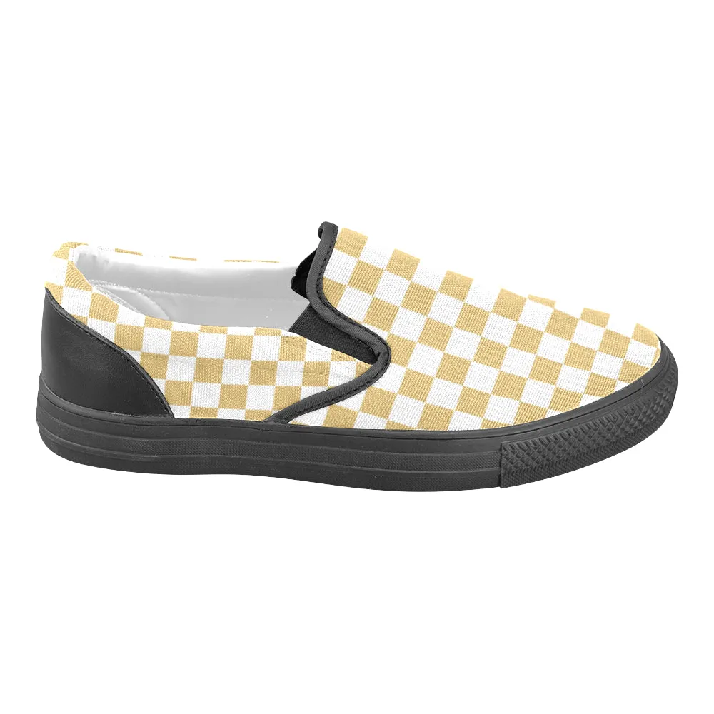 Men's Big Size Mustard Checks Print Slip-on Canvas Shoes