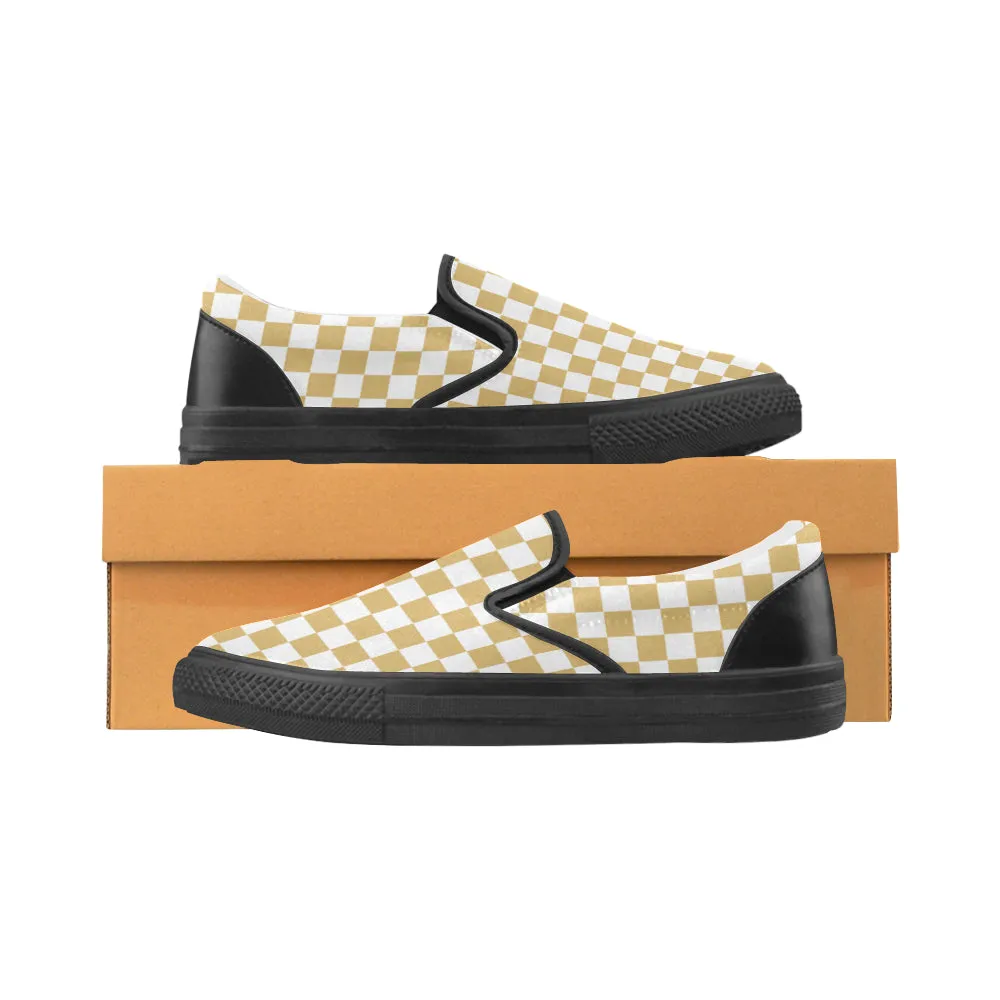 Men's Big Size Mustard Checks Print Slip-on Canvas Shoes