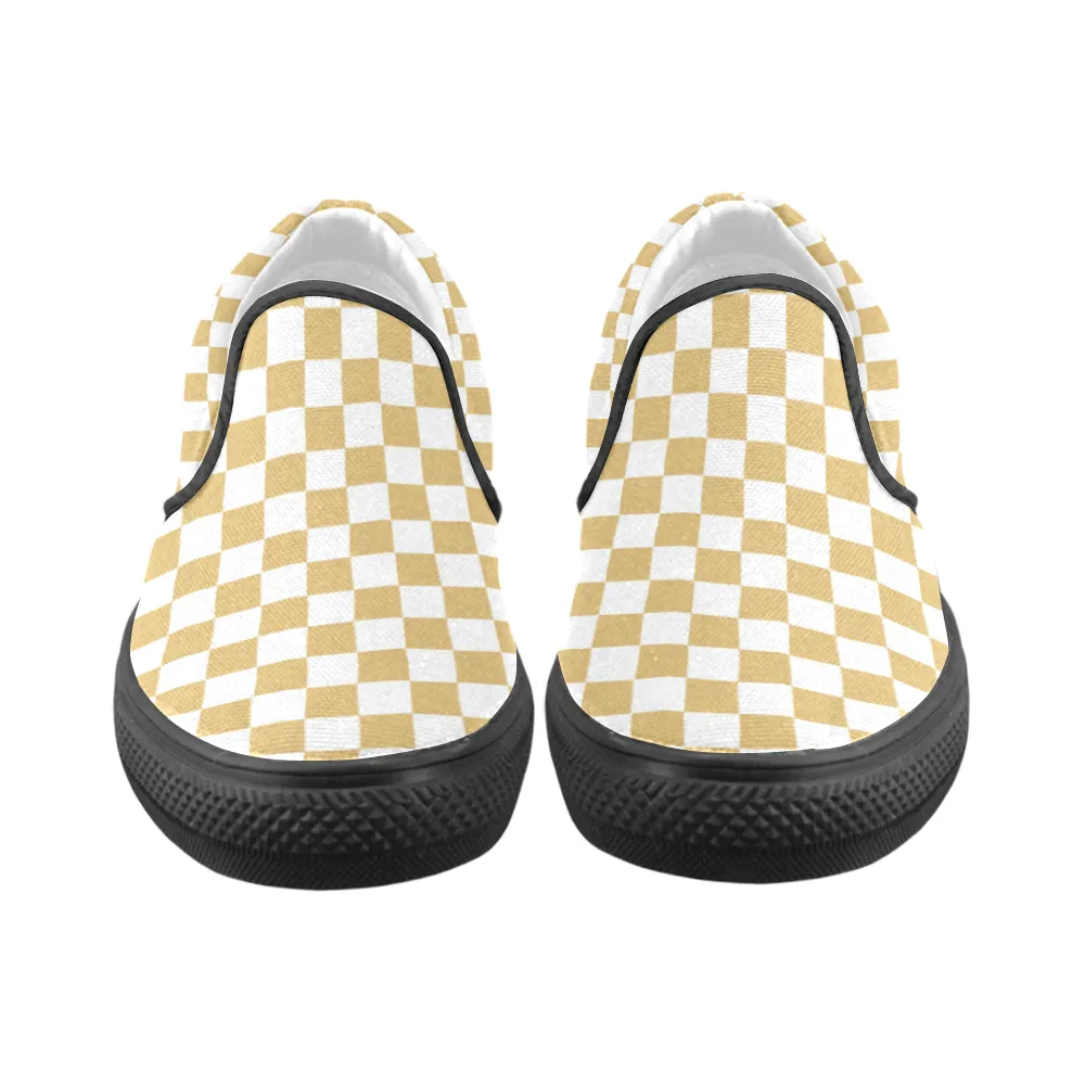 Men's Big Size Mustard Checks Print Slip-on Canvas Shoes