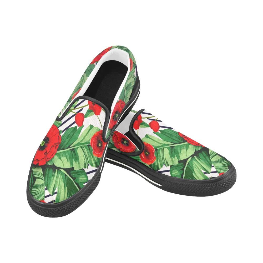 Men's Pop Red Floral Print Canvas Slip-on Shoes