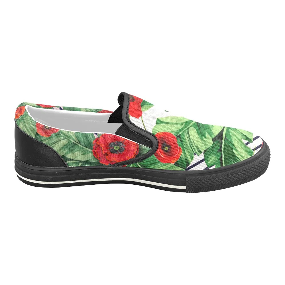 Men's Pop Red Floral Print Canvas Slip-on Shoes