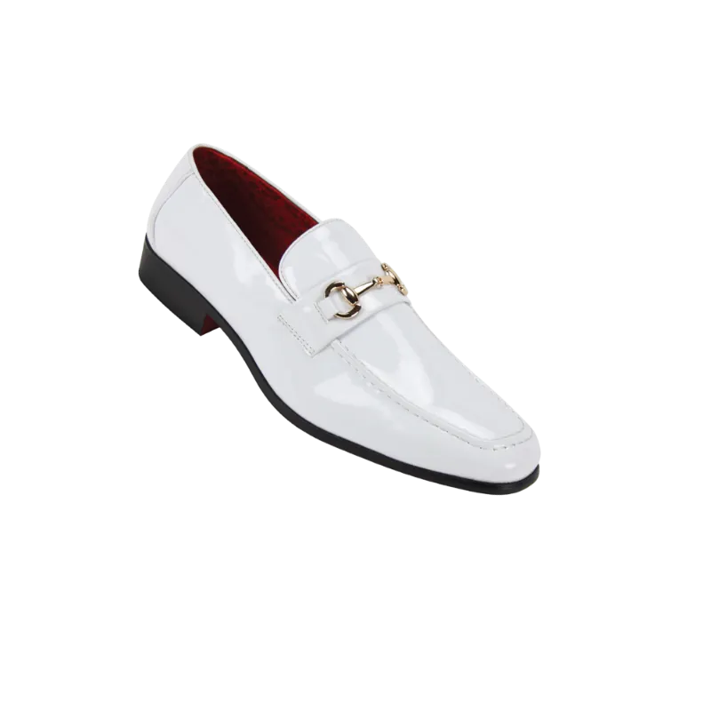 Men's White Patent Leather Dress Shoes Gold Buckle