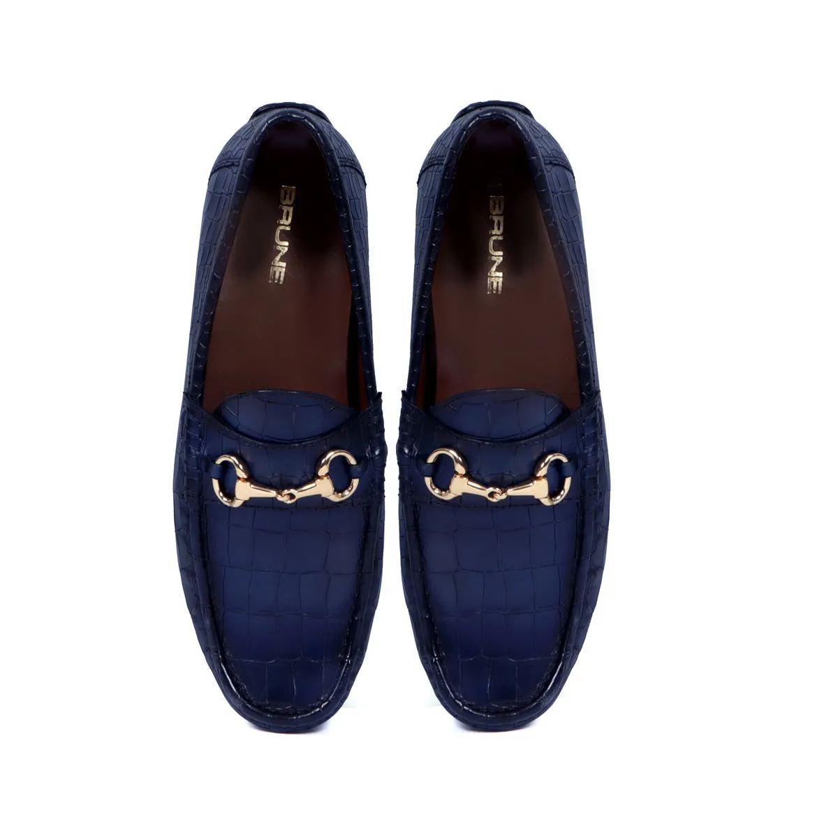 Navy Blue Croco Textured Leather Driving Loafer Shoe