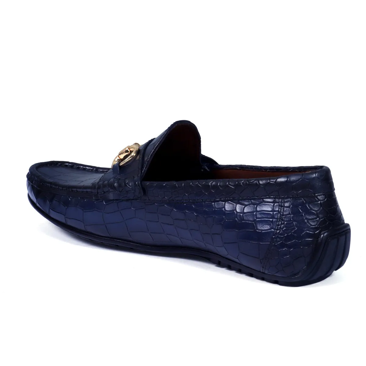 Navy Blue Croco Textured Leather Driving Loafer Shoe