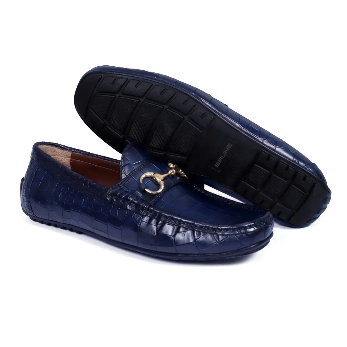 Navy Blue Croco Textured Leather Driving Loafer Shoe