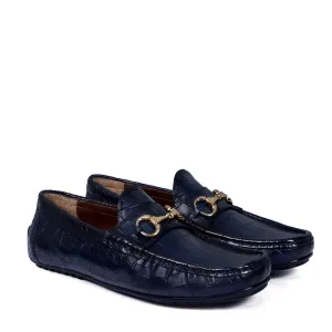 Navy Blue Croco Textured Leather Driving Loafer Shoe