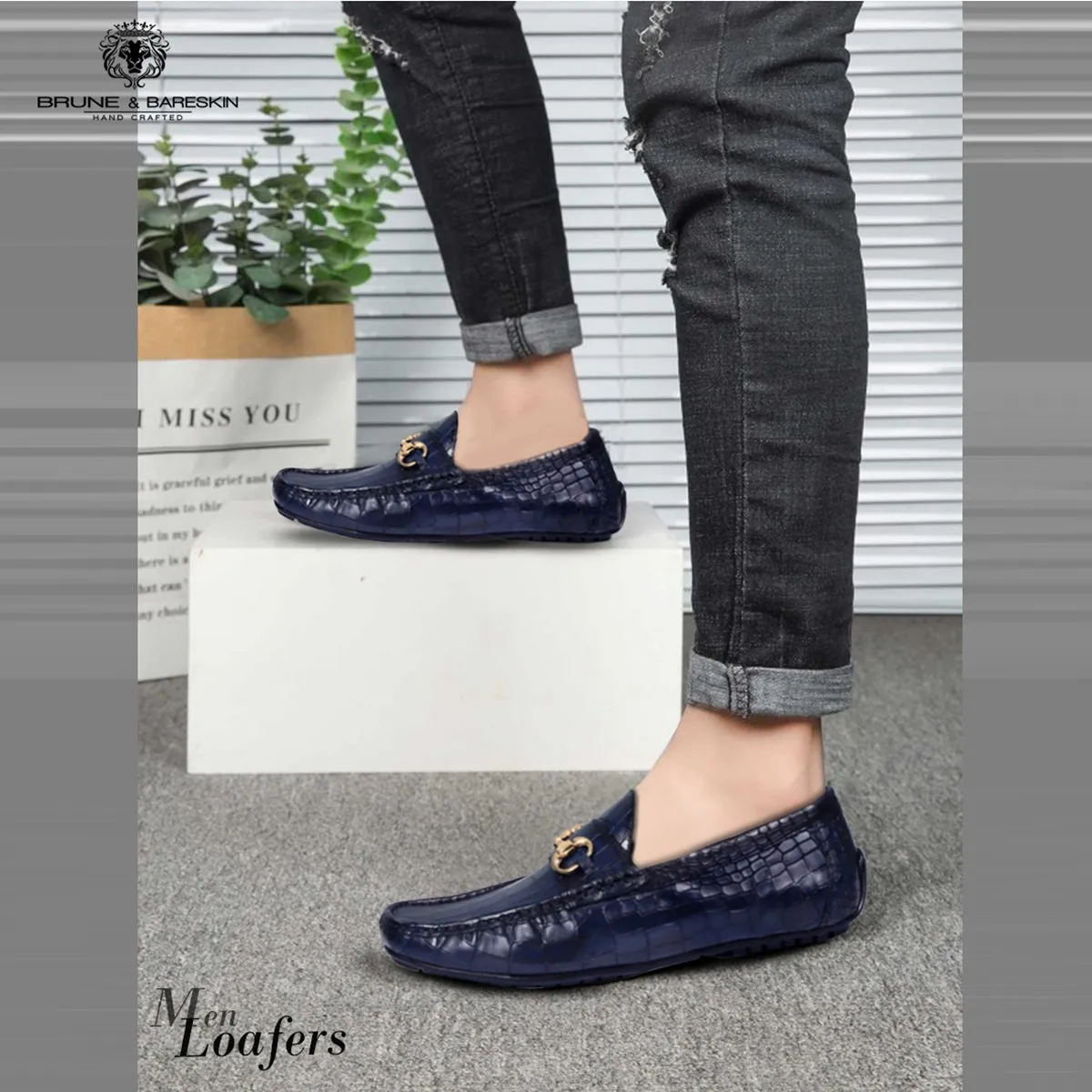 Navy Blue Croco Textured Leather Driving Loafer Shoe