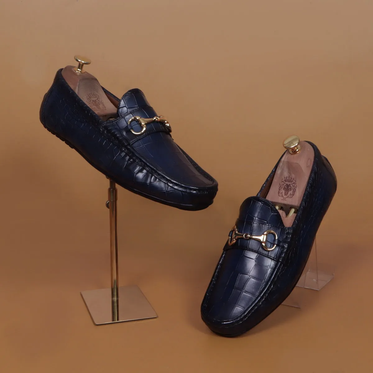 Navy Blue Croco Textured Leather Driving Loafer Shoe