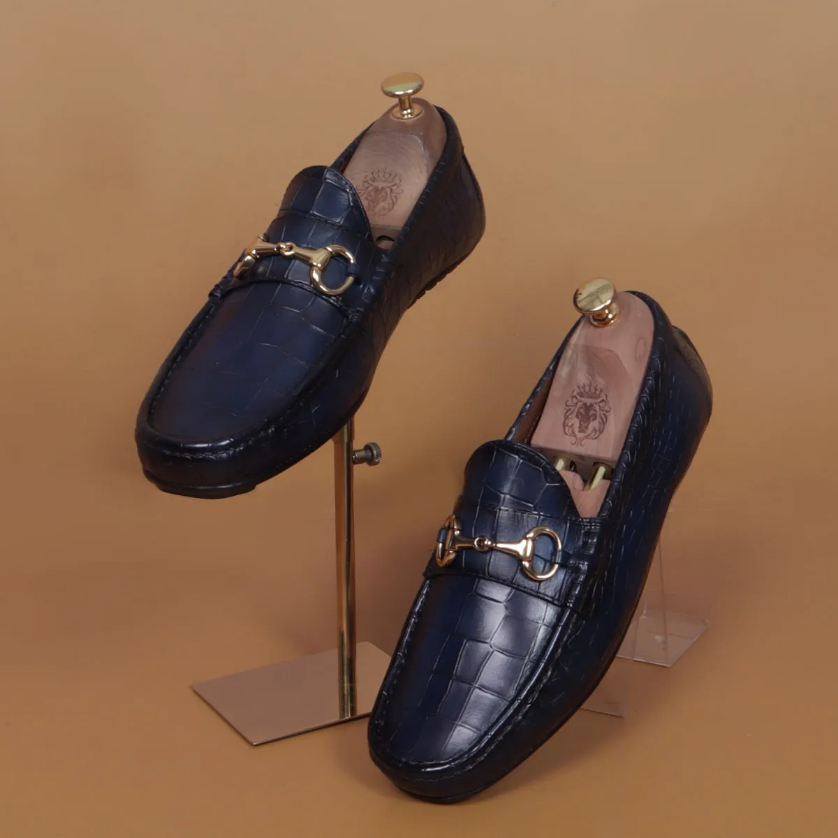 Navy Blue Croco Textured Leather Driving Loafer Shoe