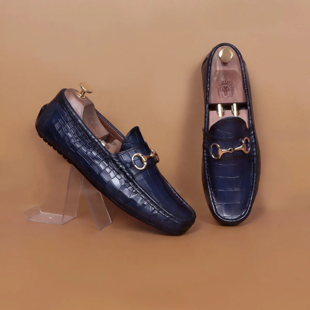 Navy Blue Croco Textured Leather Driving Loafer Shoe