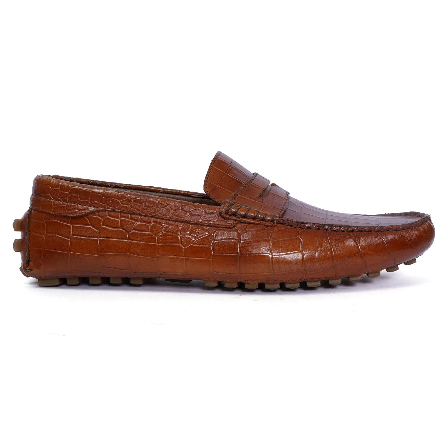 Nubs Driving Sole Tan Loafer in Deep Cut Croco Textured Leather