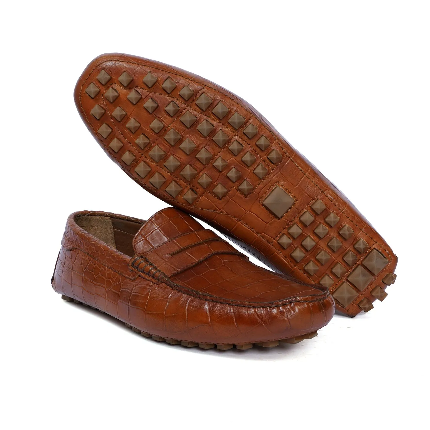 Nubs Driving Sole Tan Loafer in Deep Cut Croco Textured Leather