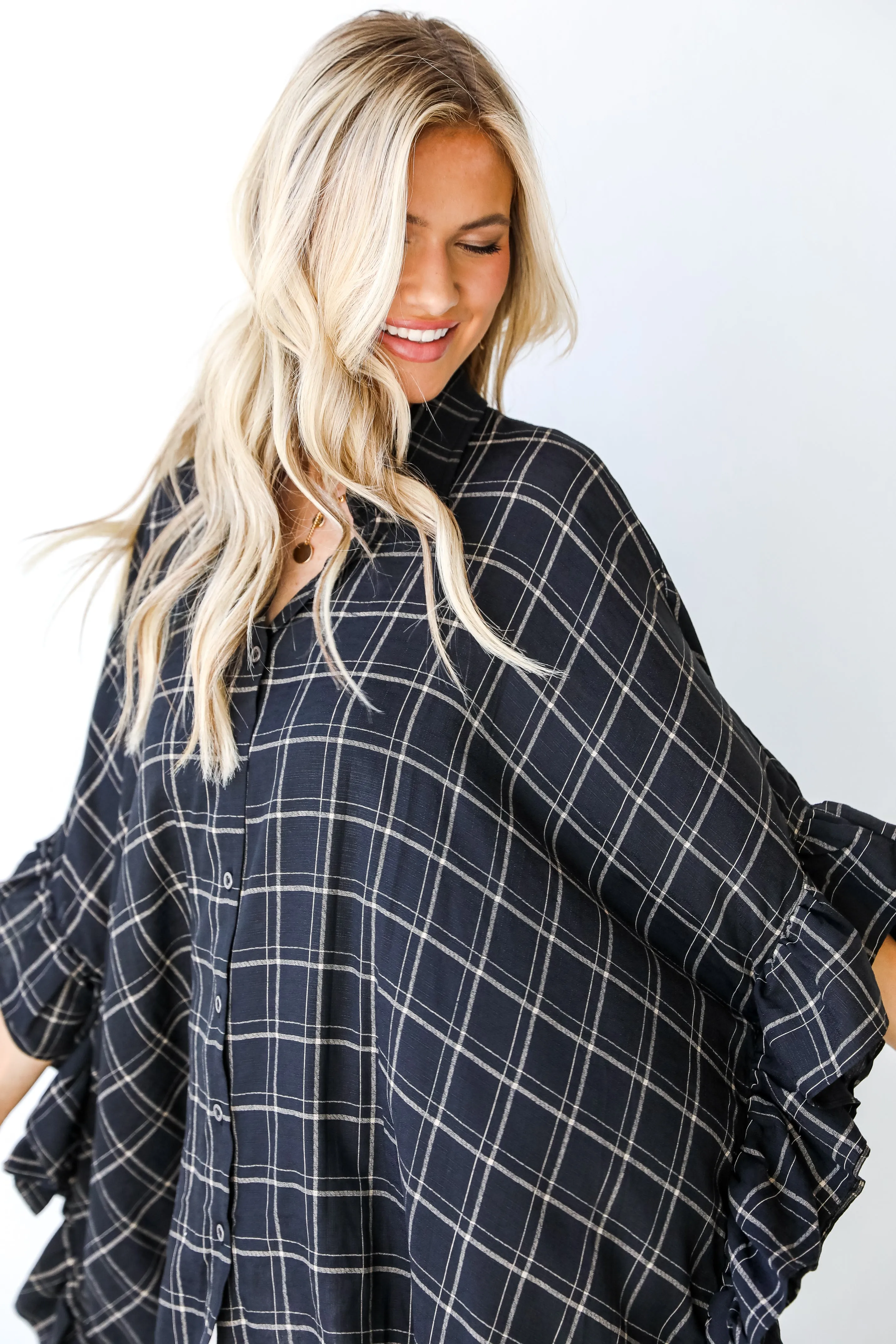 Only Exception Plaid Oversized Ruffle Blouse