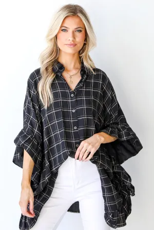 Only Exception Plaid Oversized Ruffle Blouse