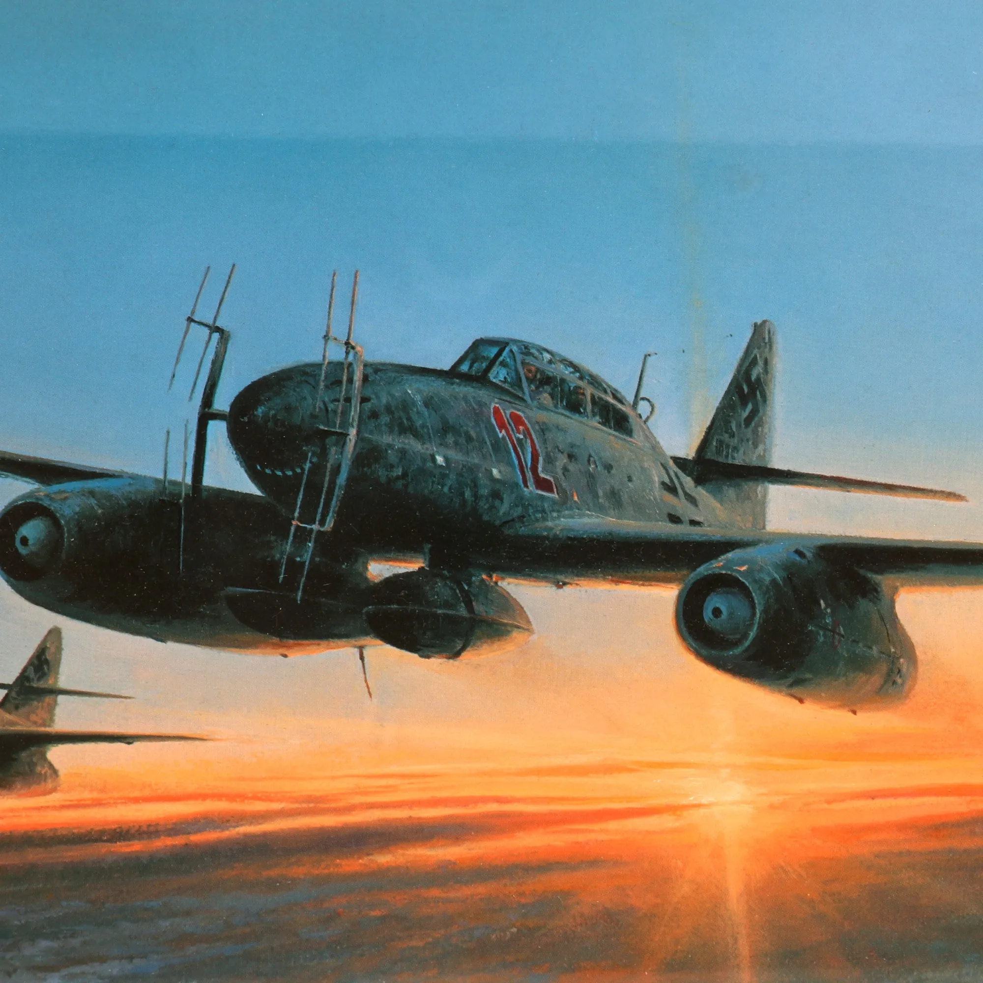 Original Artwork Print: “Night Interceptors” Painting of Messerschmitt Me 262B Night Fighter Aircraft; Signed by Artist - 19" x 15 ½", in Museum Grade Frame