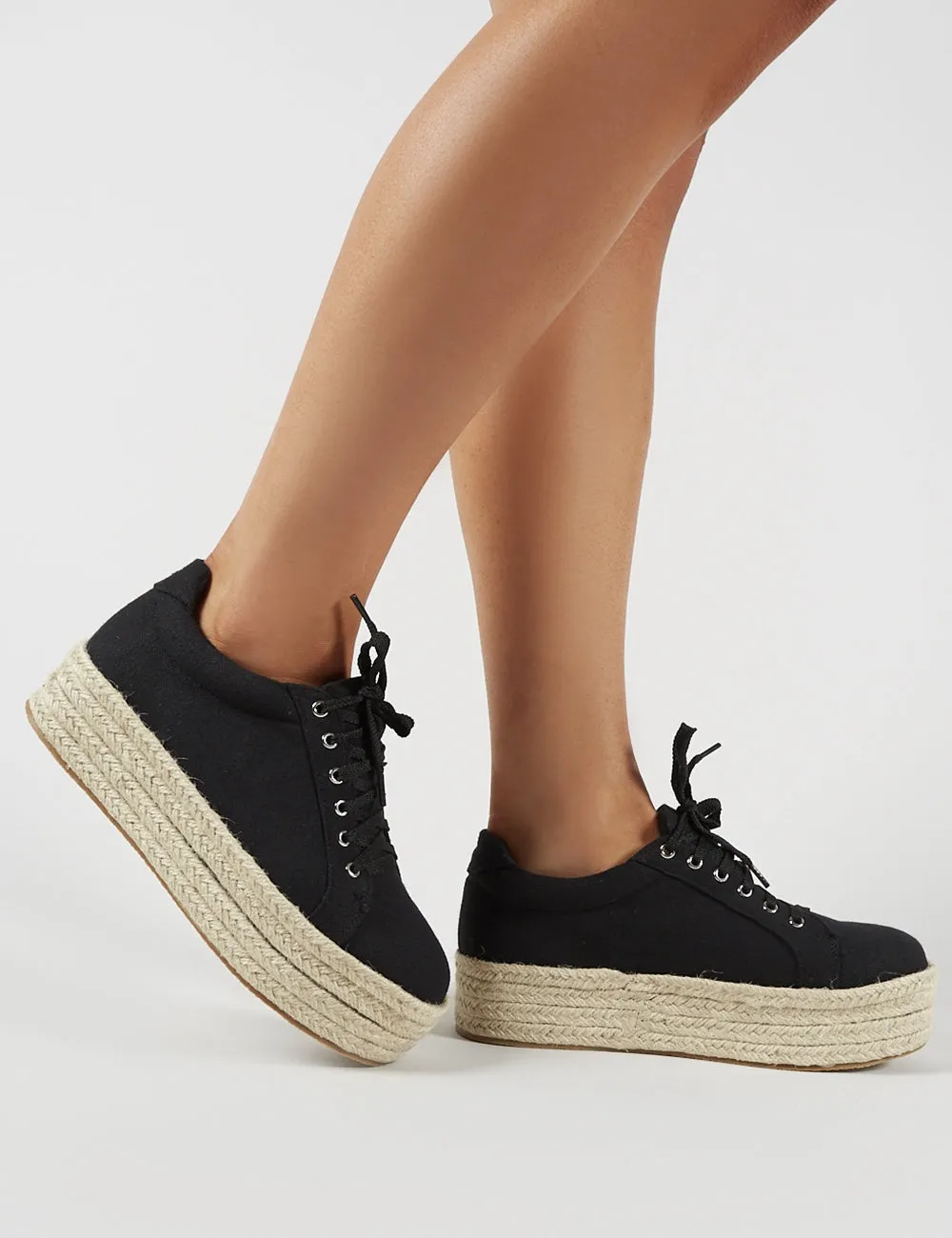 Paloma Espadrille Flatform Trainers in Black Canvas