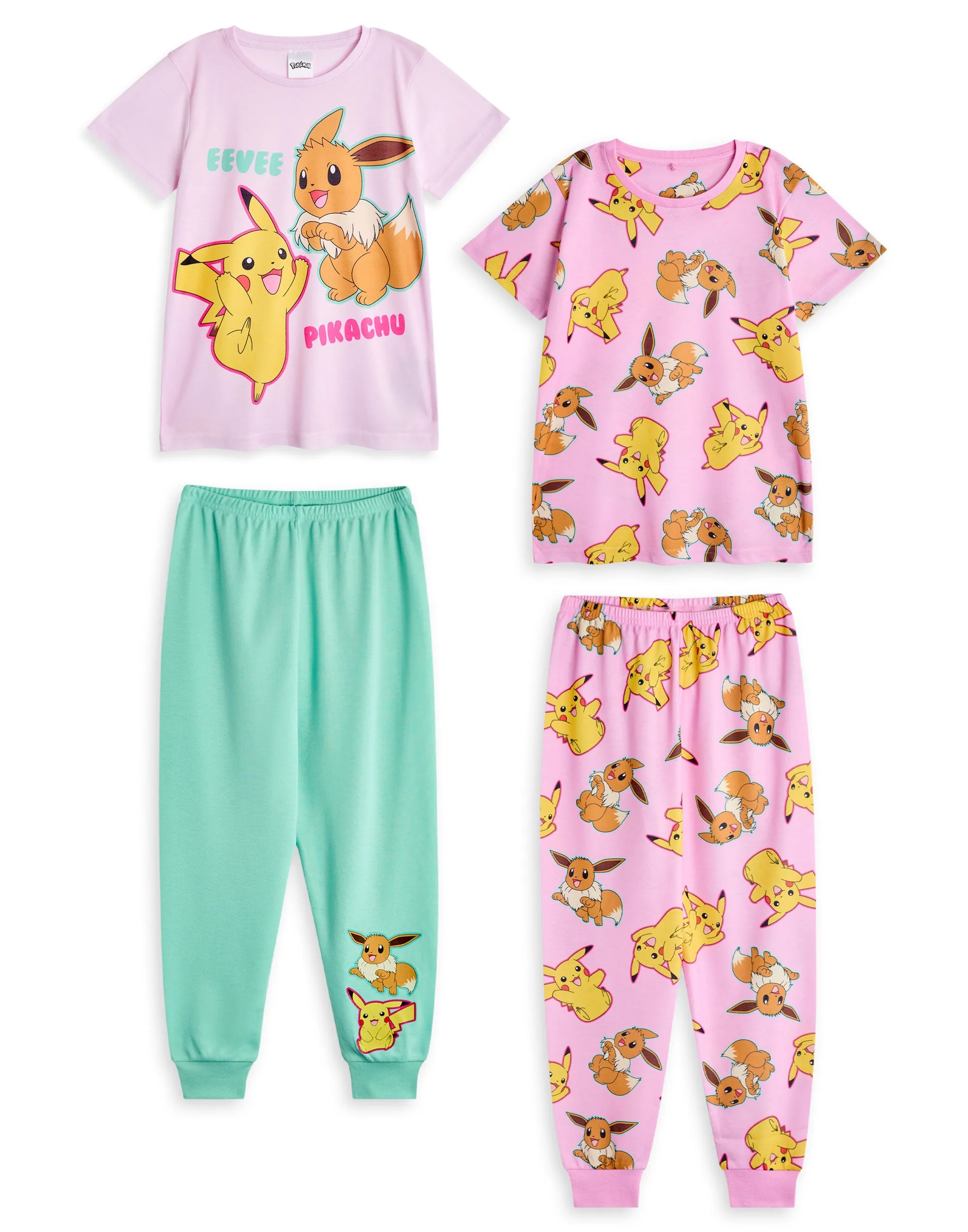 Pokemon Pikachu & Eevee Girls Pink Multi-Pack of 2 Short Sleeve Long Leg Pyjama Set