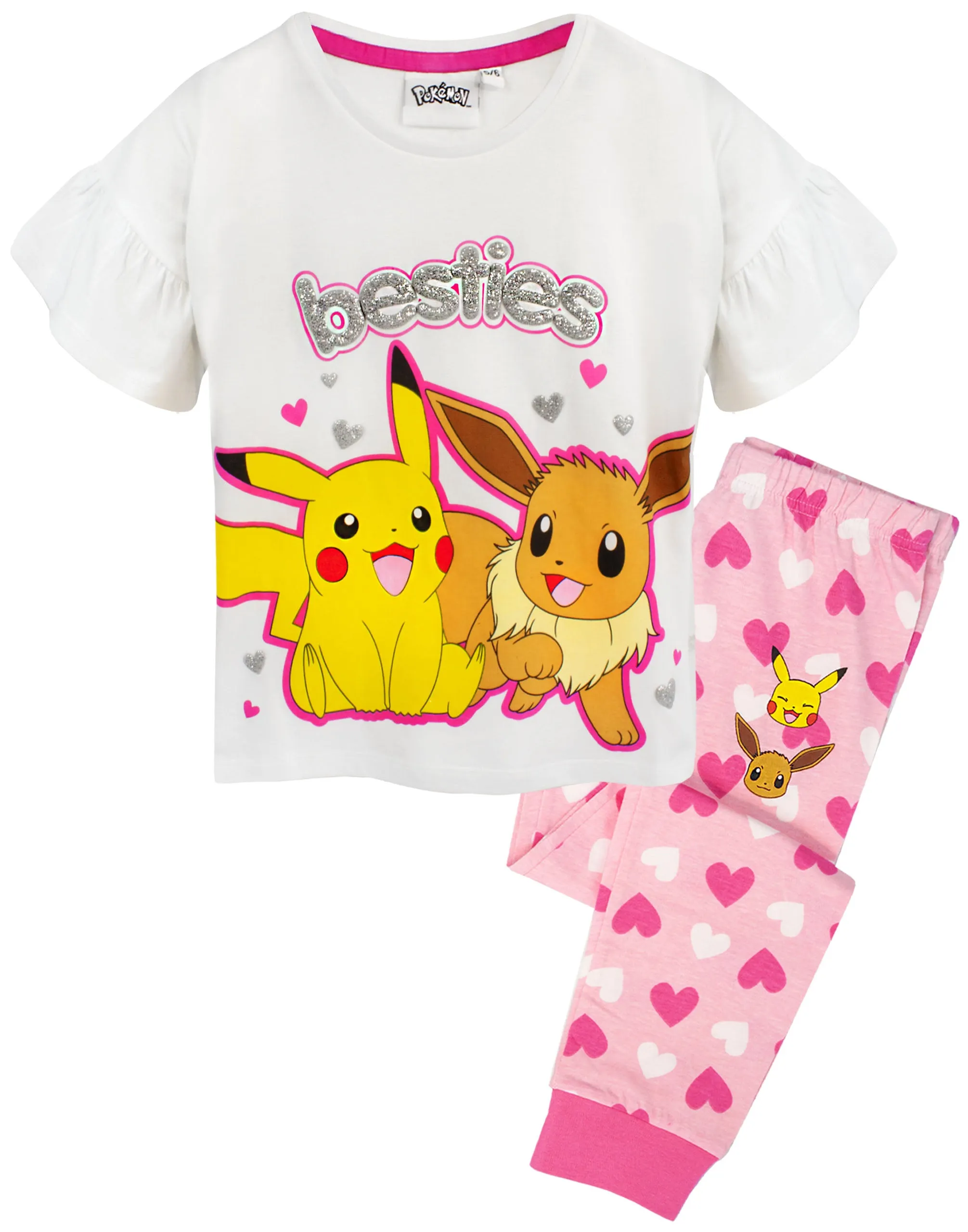 Pokemon Pikachu, Eeevee Unisex Kids White Short Sleeve Long Leg Pyjama Set