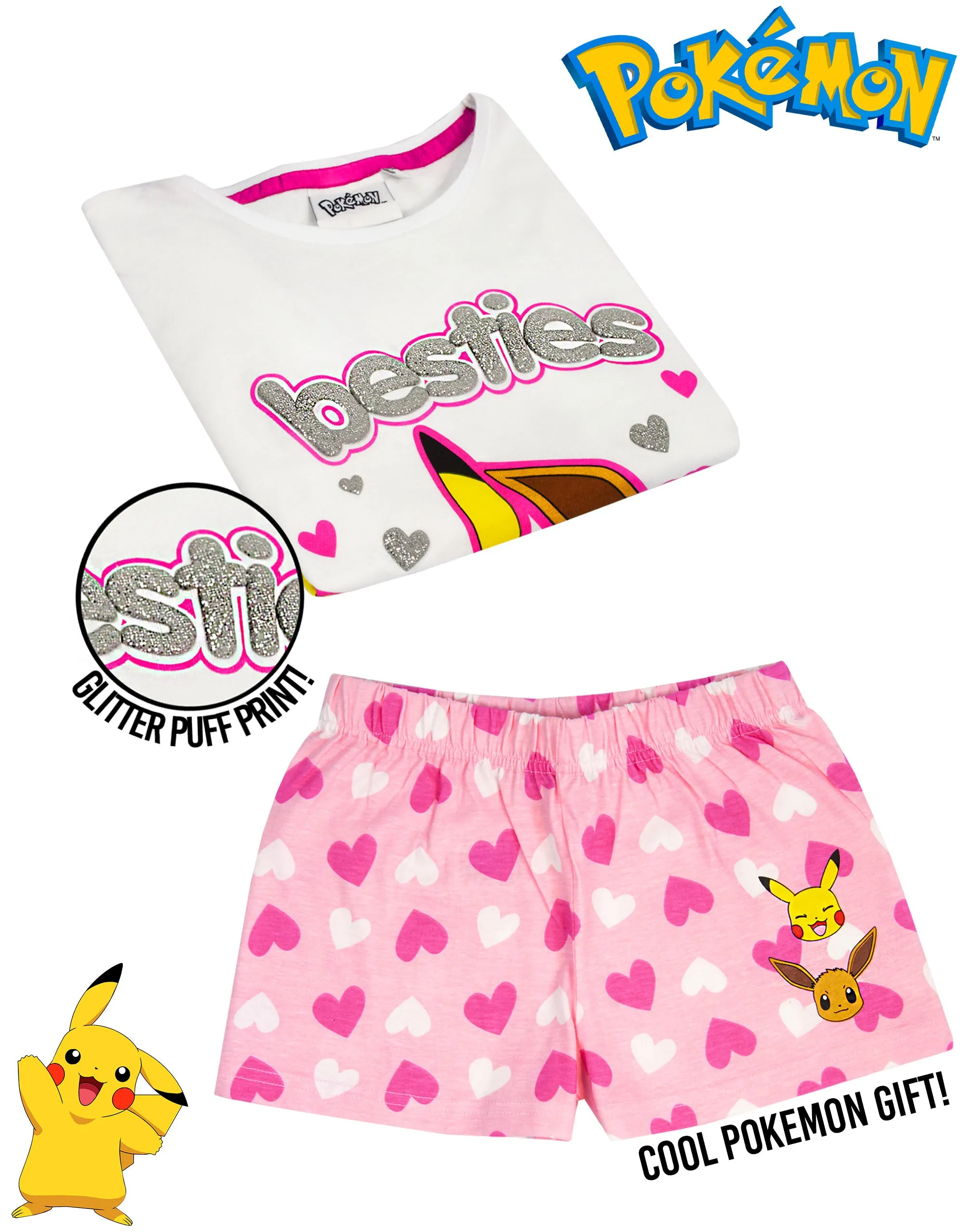 Pokemon Pikachu, Eeevee Unisex Kids White Short Sleeve Short Leg Pyjama Set