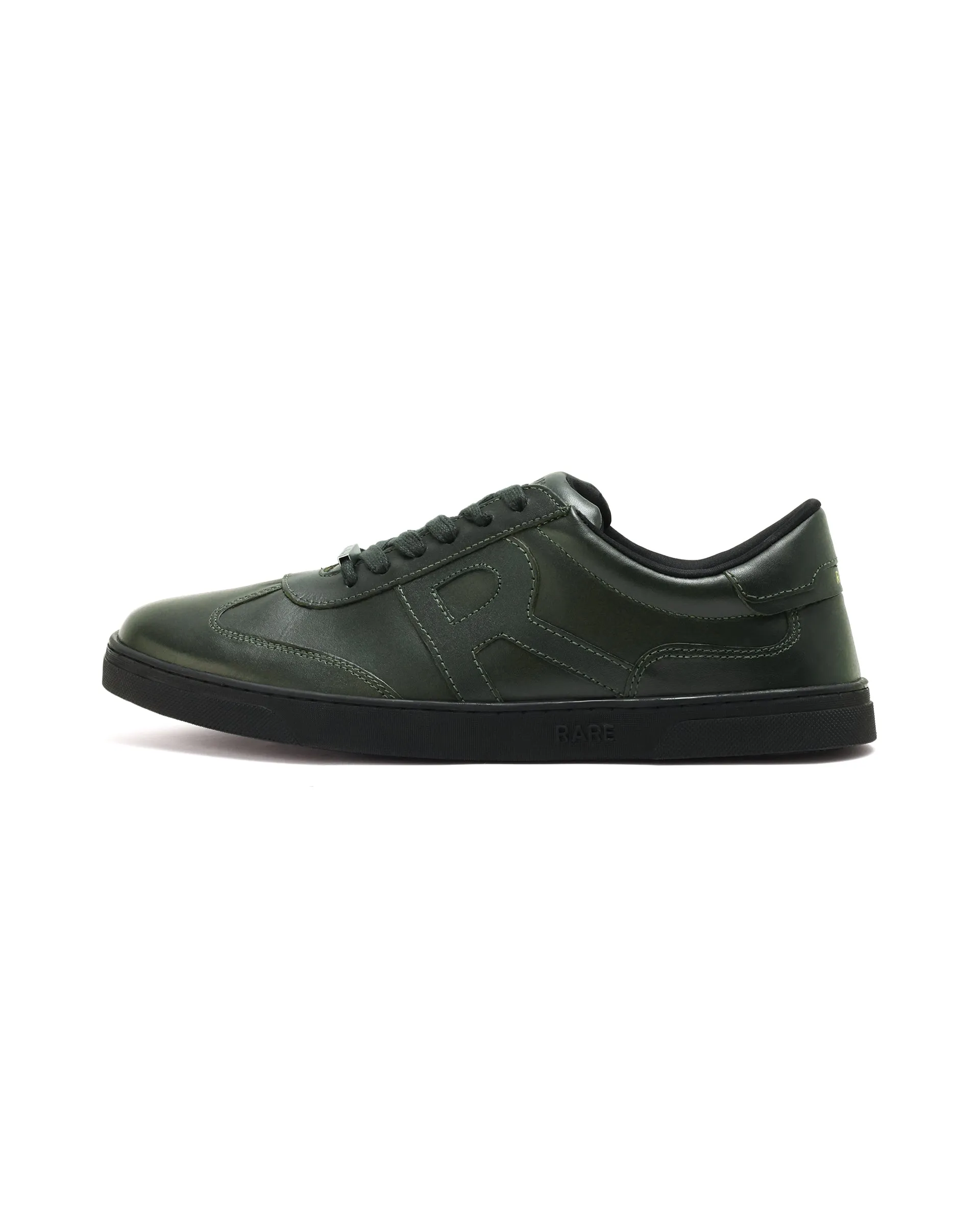 Rare Rabbit Mens Merc Dark Green Round Toe Genuine Leather Lace Up Low Top Sneaker Shoes