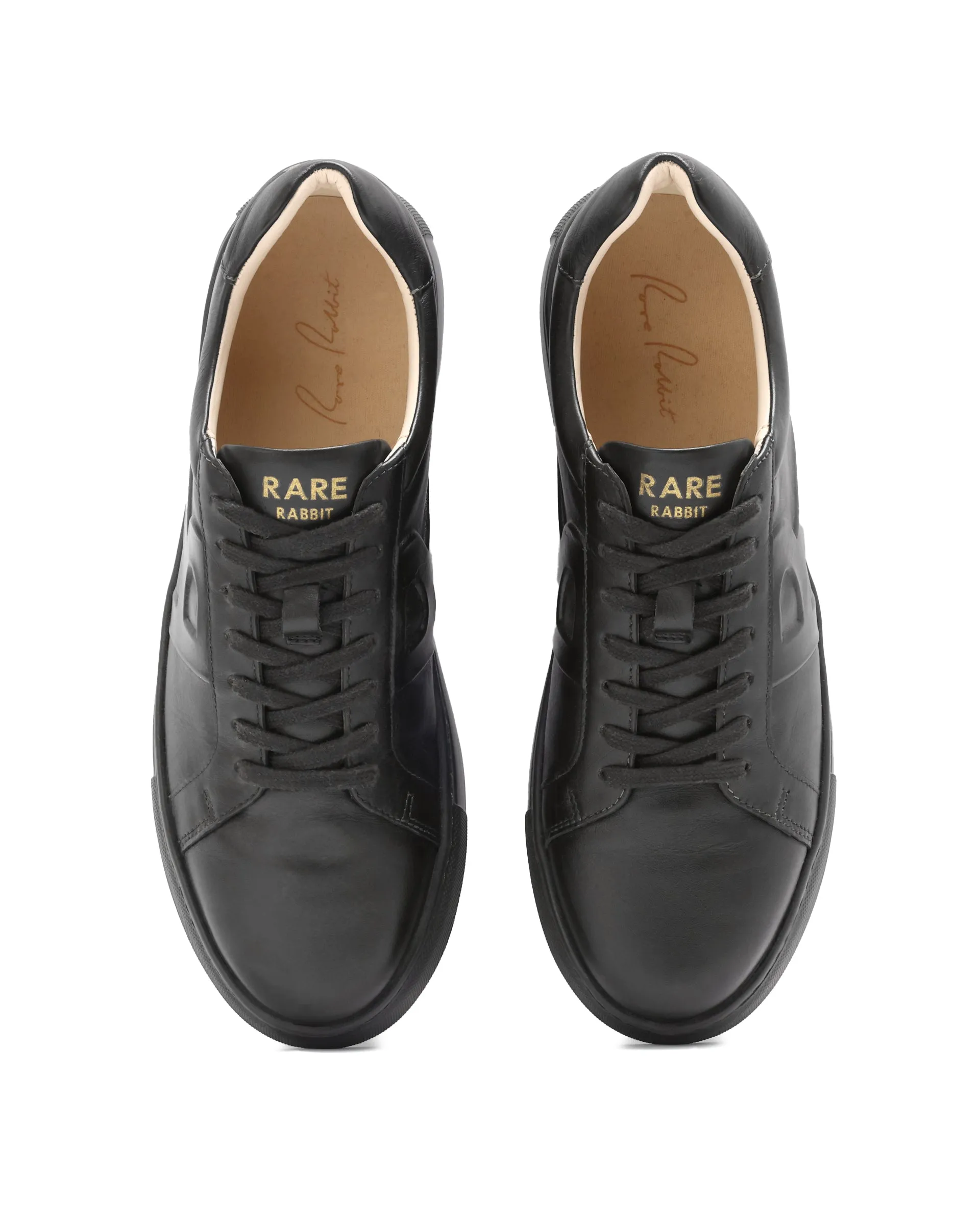 Rare Rabbit Men's Odessa Black Genuine Leather Round Toe Low-Top Lace-Up Monochromatic Sneaker