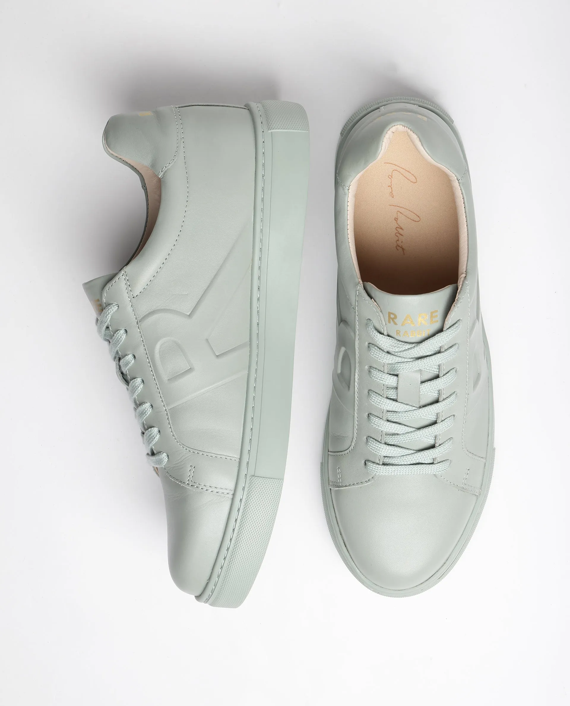 Rare Rabbit Men's Odessa Pastel Sage Genuine Leather Round Toe Low-Top Lace-Up Monochromatic Sneaker