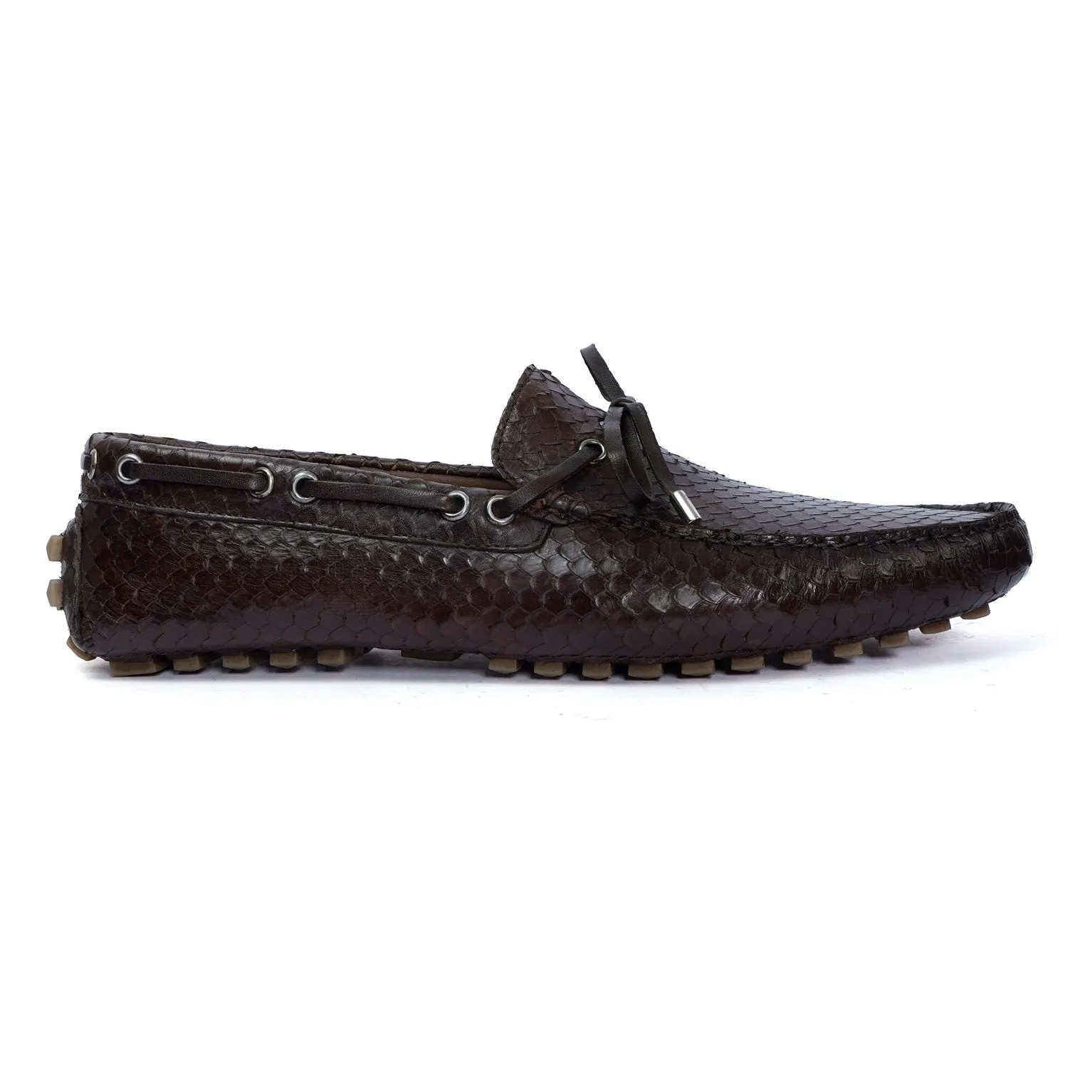 Tassel Bow Leather Driver Loafer in Dark Brown Snake Skin Textured Leather with Nubs Sole