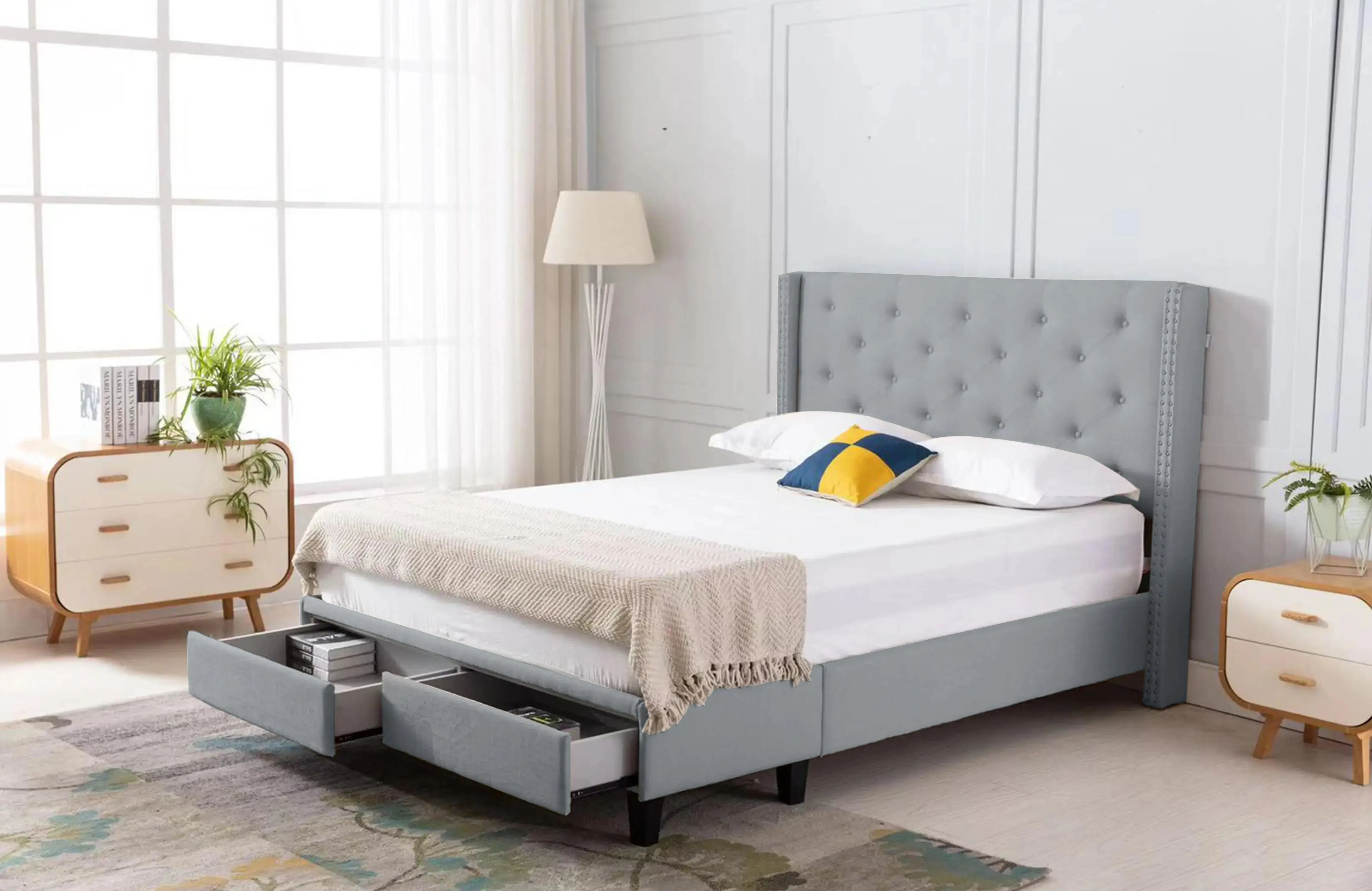 The Perfect Storage Bed - Hand Tufted Winged Upholstered 51" Platform Bed with 2 Drawer in Linen