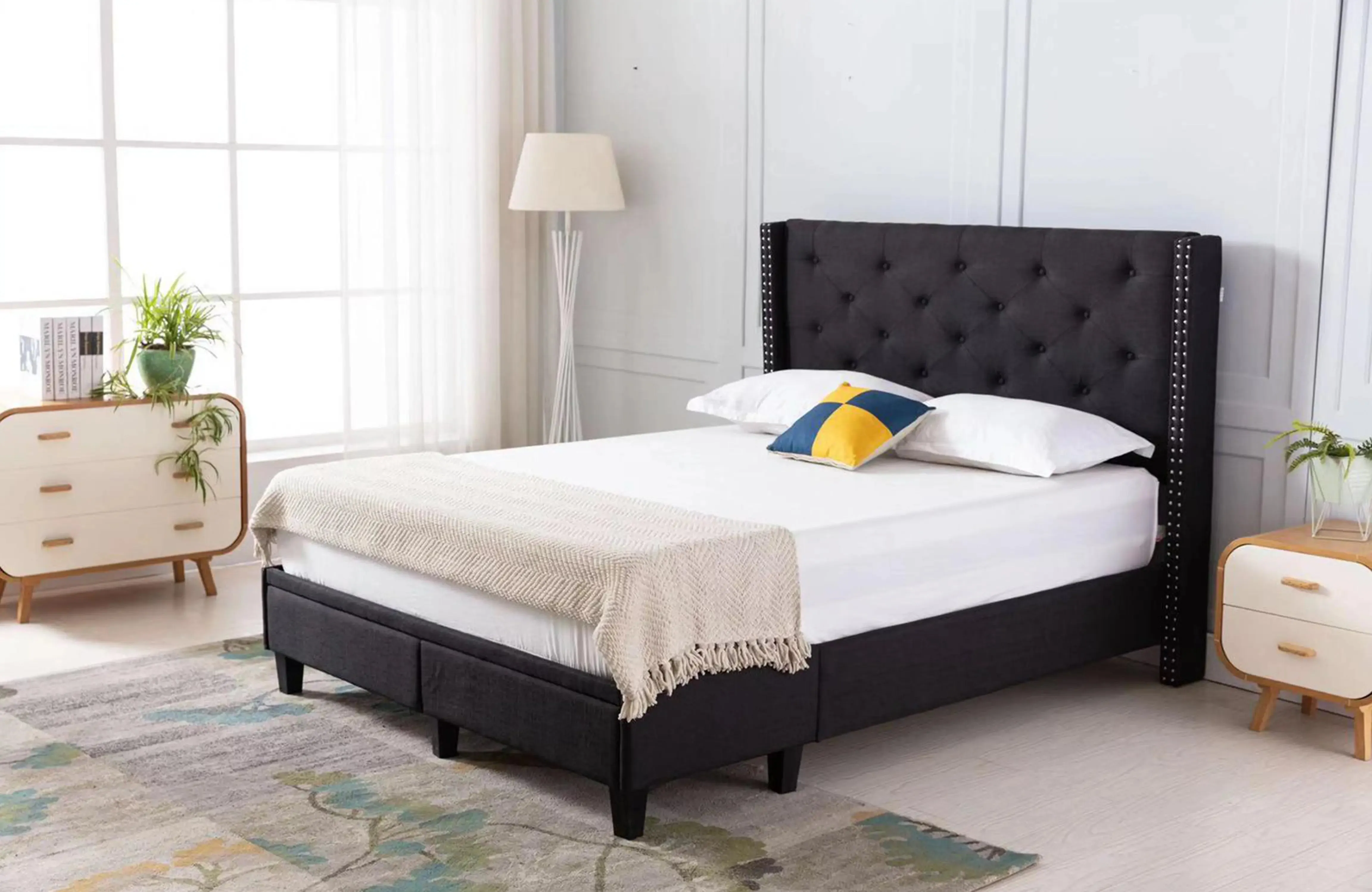 The Perfect Storage Bed - Hand Tufted Winged Upholstered 51" Platform Bed with 2 Drawer in Linen