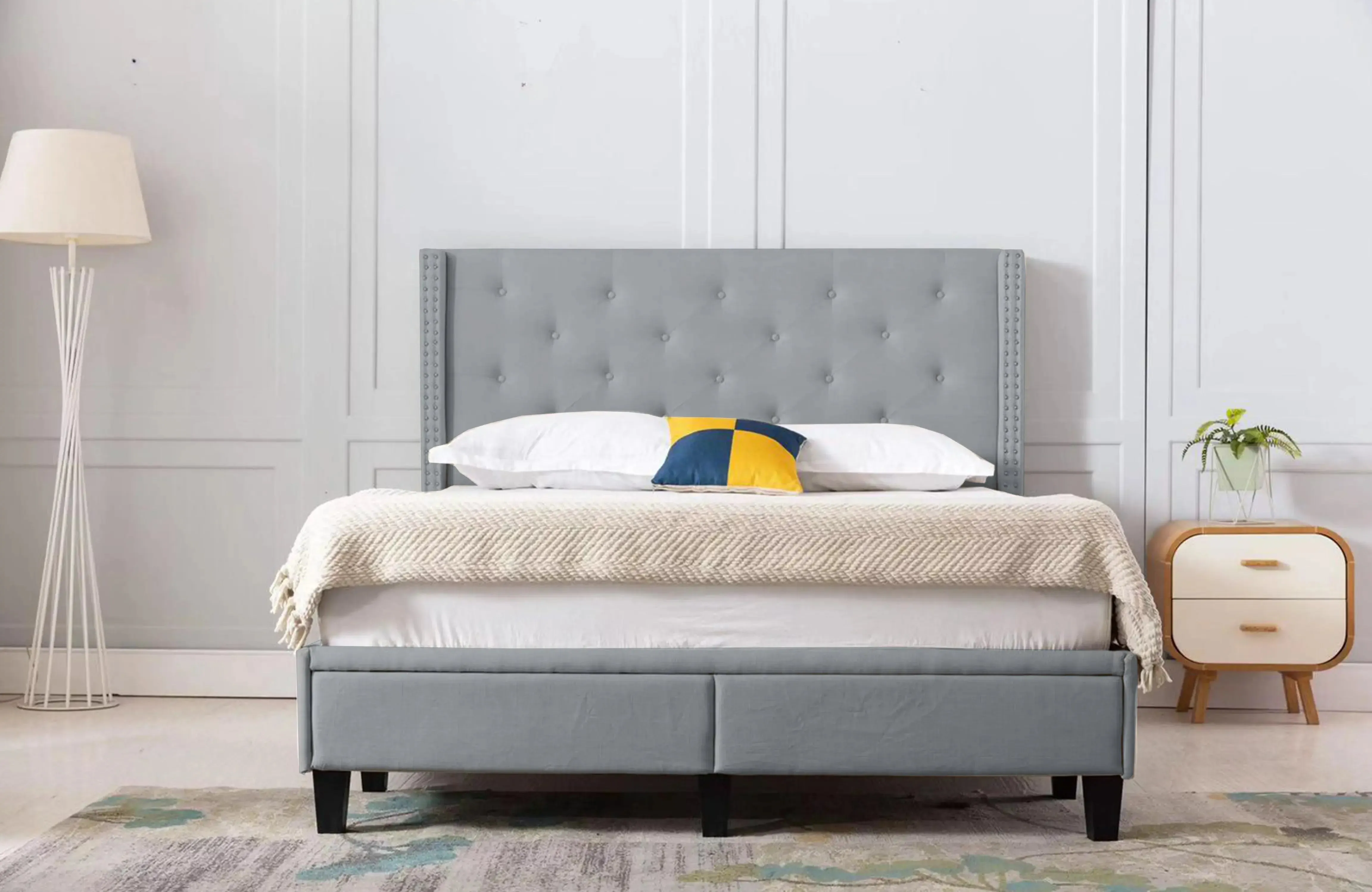 The Perfect Storage Bed - Hand Tufted Winged Upholstered 51" Platform Bed with 2 Drawer in Linen