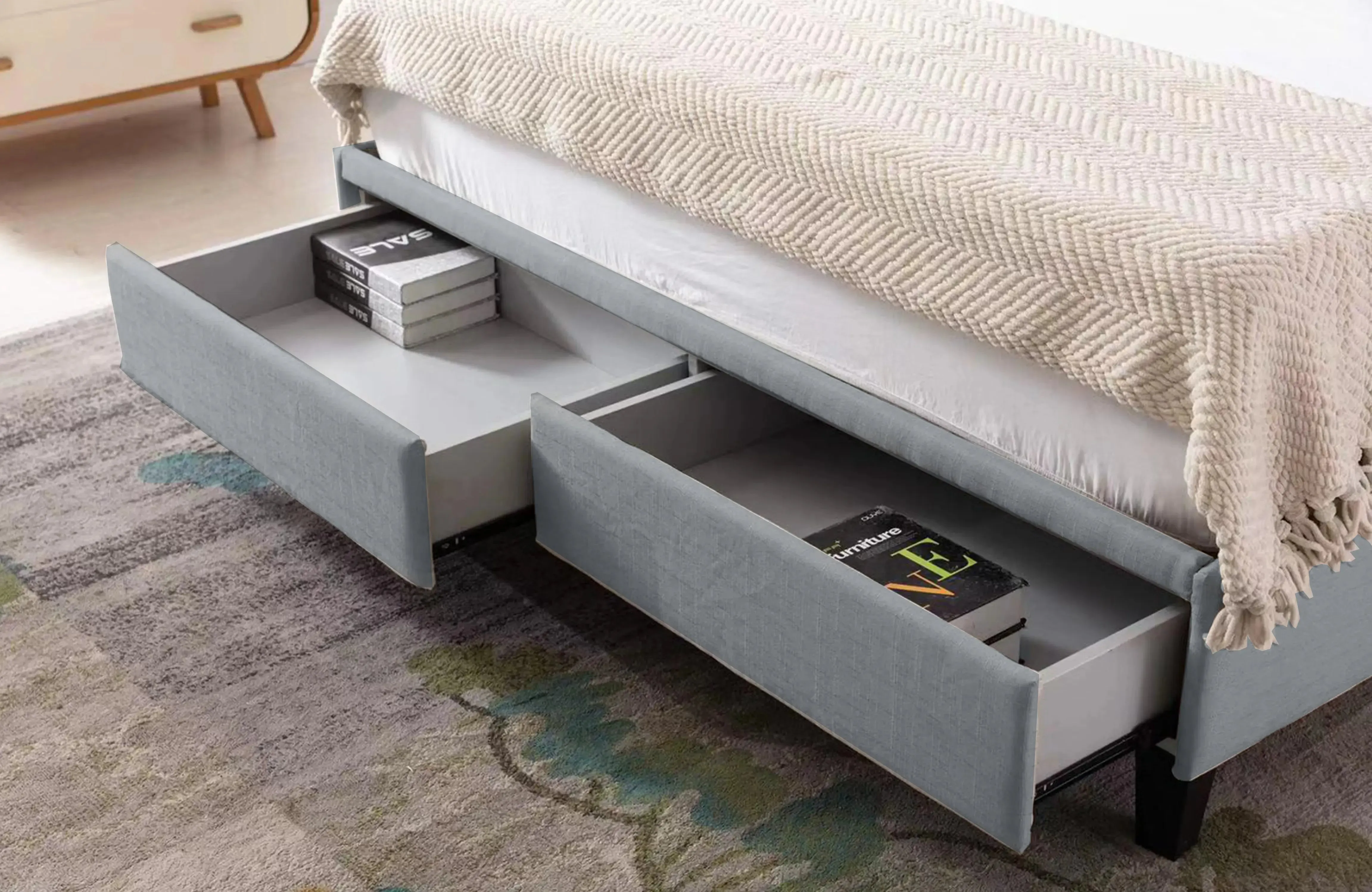 The Perfect Storage Bed - Hand Tufted Winged Upholstered 51" Platform Bed with 2 Drawer in Linen