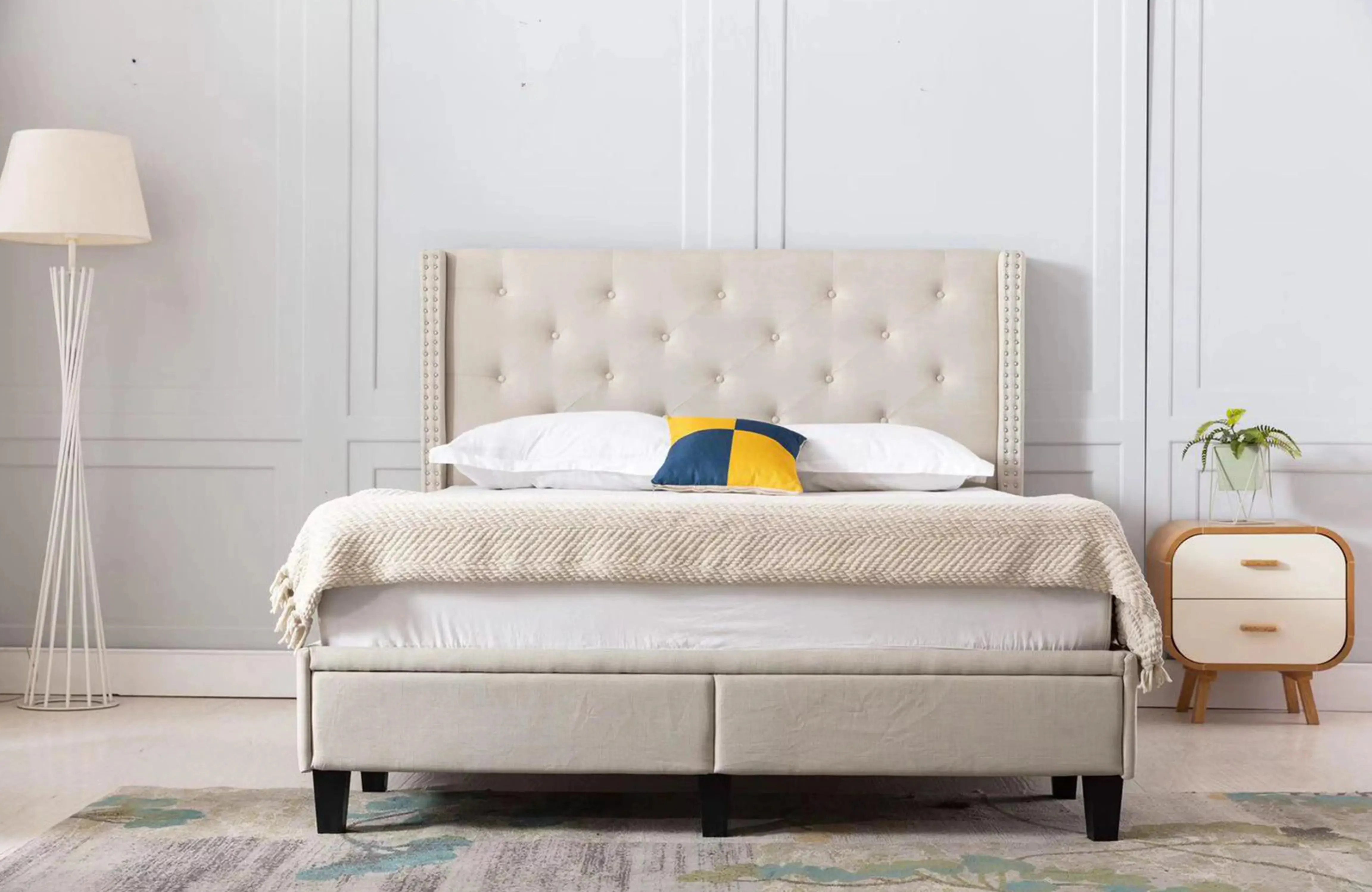 The Perfect Storage Bed - Hand Tufted Winged Upholstered 51" Platform Bed with 2 Drawer in Linen